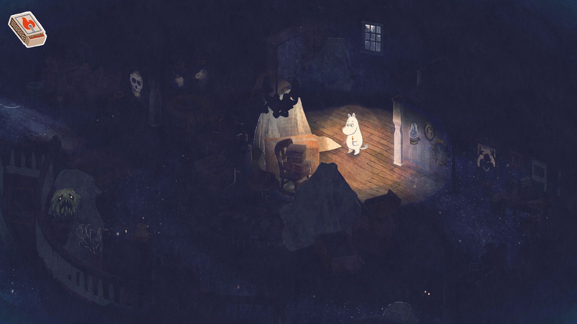 Moomintroll and Too-Ticky meet beside a lantern in a dark winter scene.