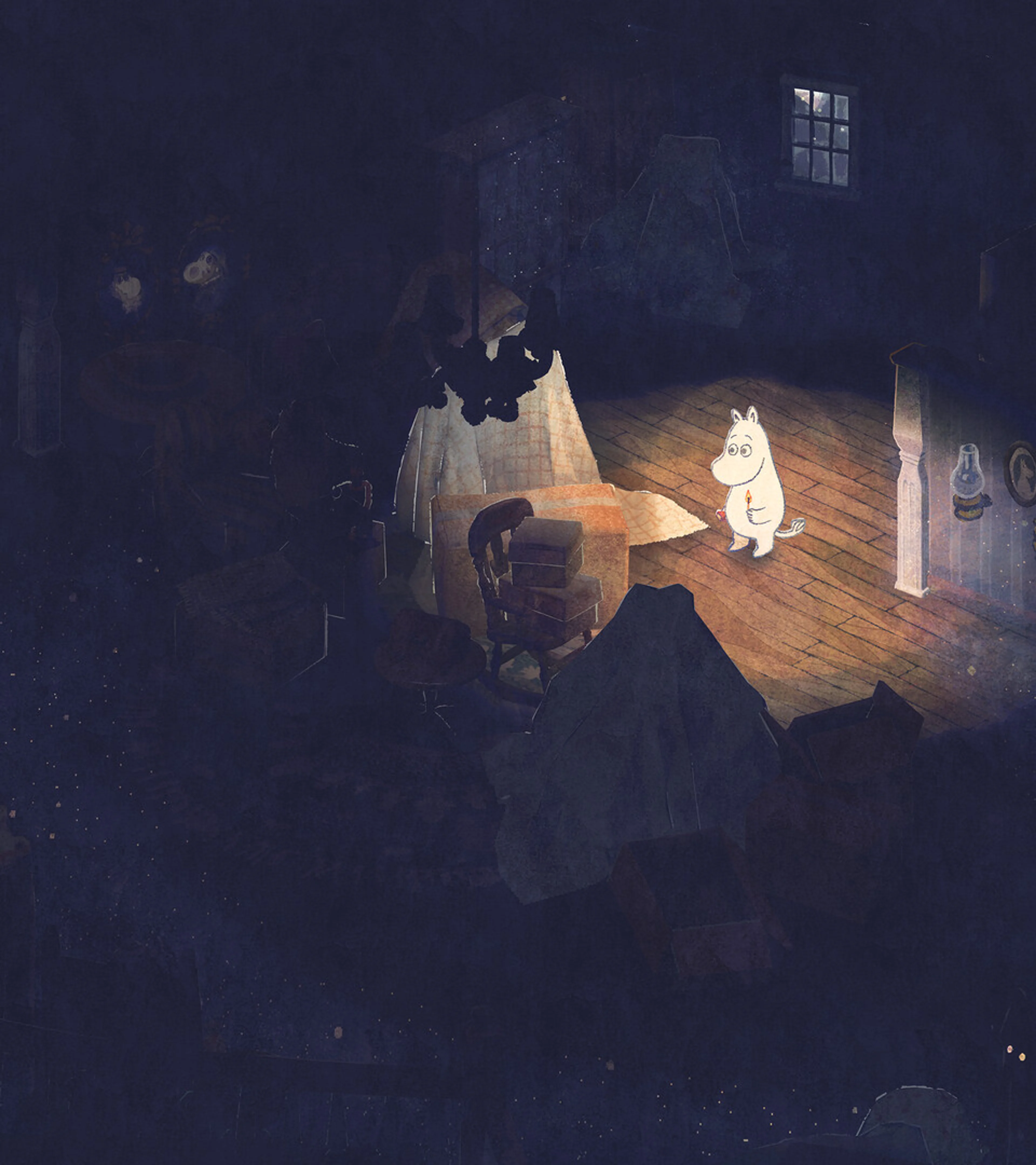 Moomintroll and Too-Ticky meet beside a lantern in a dark winter scene.