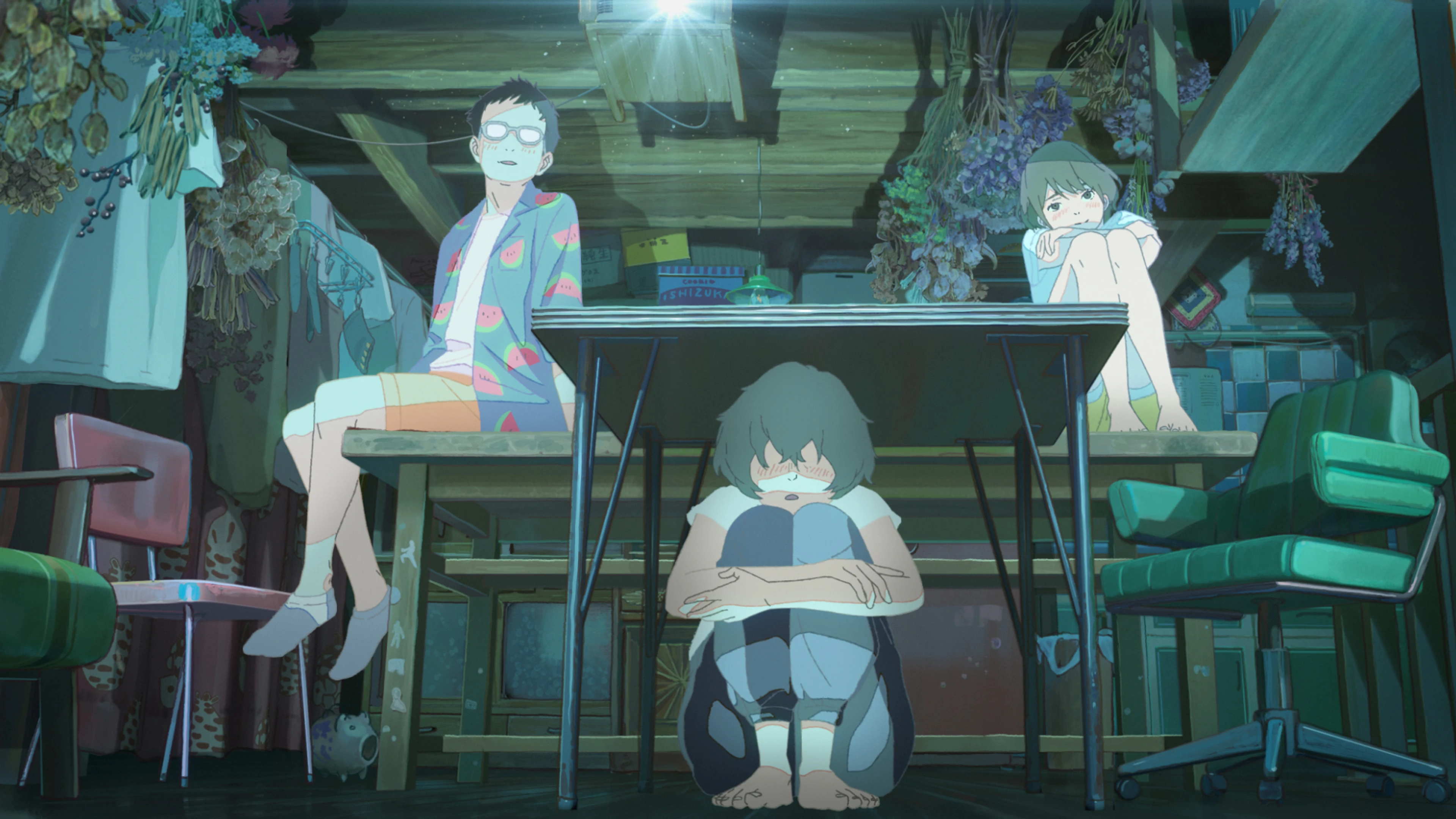 Three young people gather inside a crowded wooden workshop.
