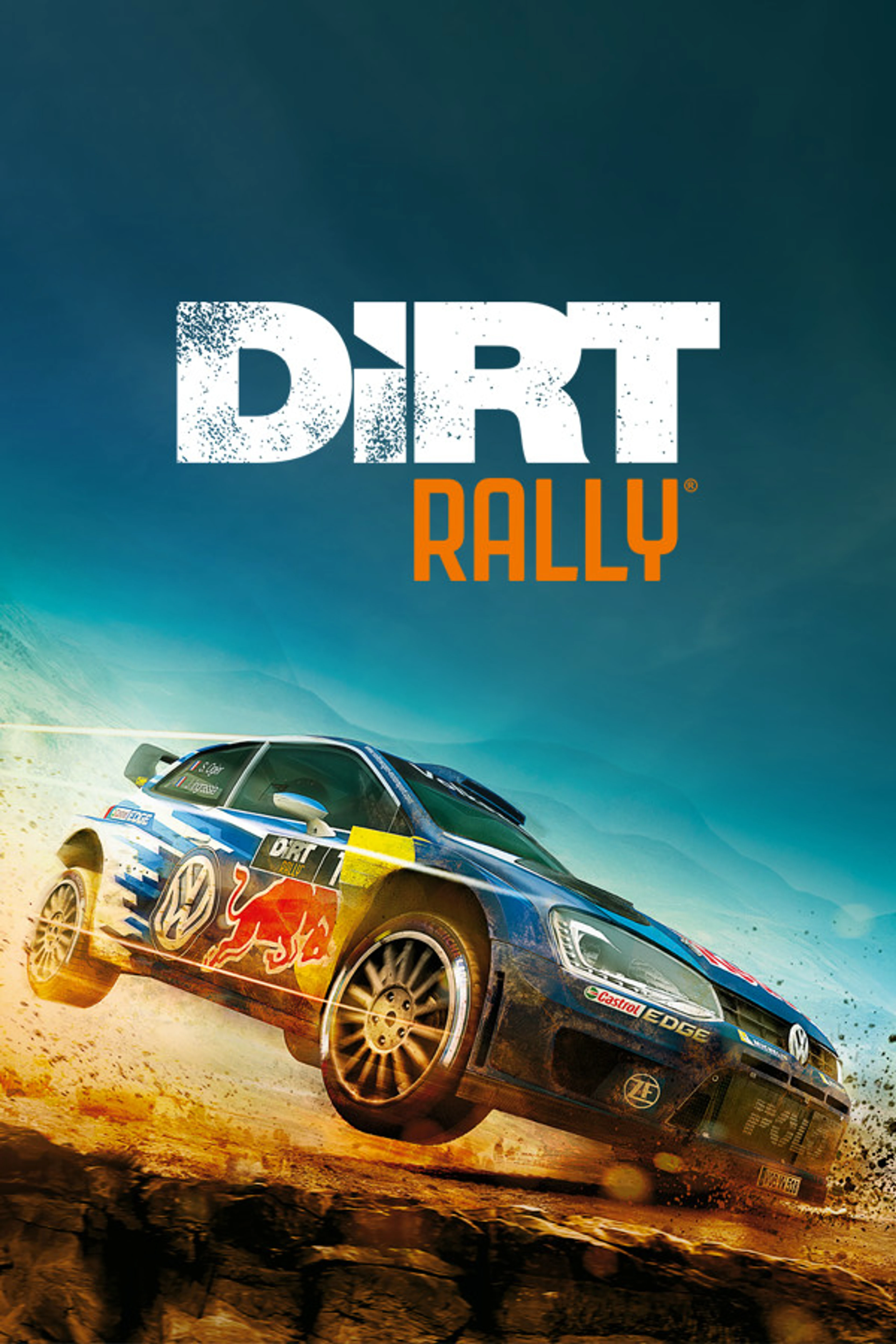 Official DiRT Rally cover with the native logo above a blue rally car jumping over a dusty road.