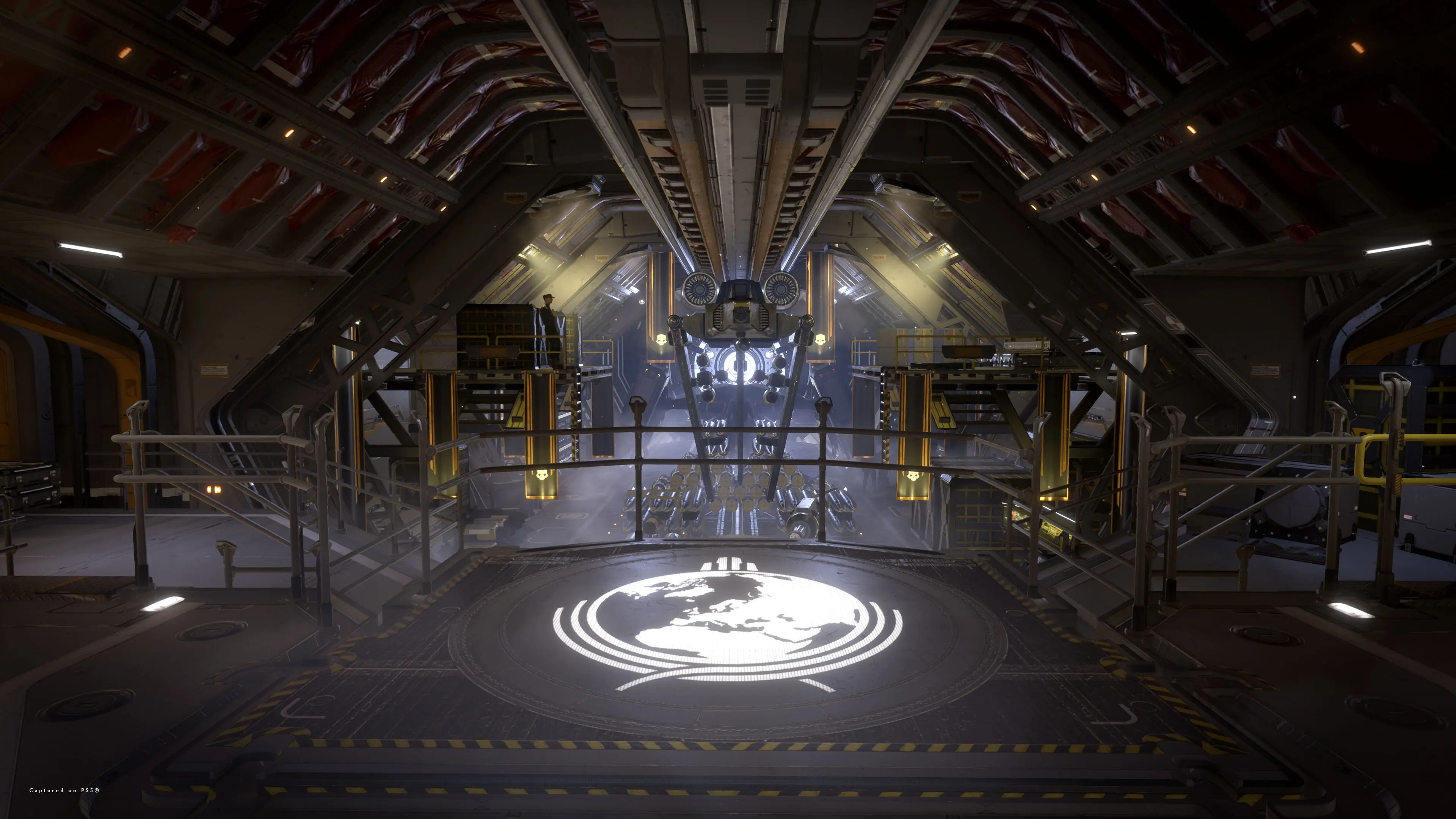 The mission preparation area and Galactic War terminal aboard a Helldivers 2 Super Destroyer.