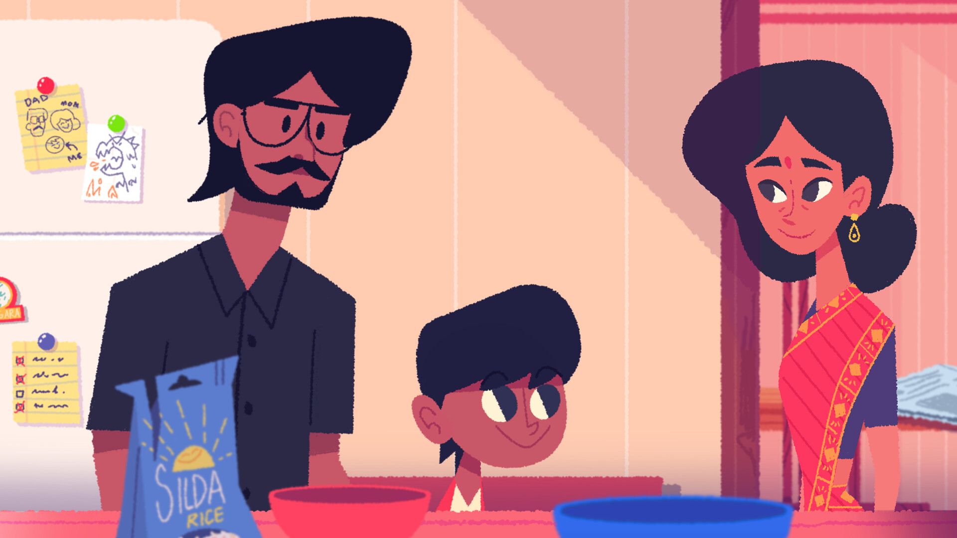 Venba, her partner and their child stand together in a kitchen beside bowls and a bag of rice.