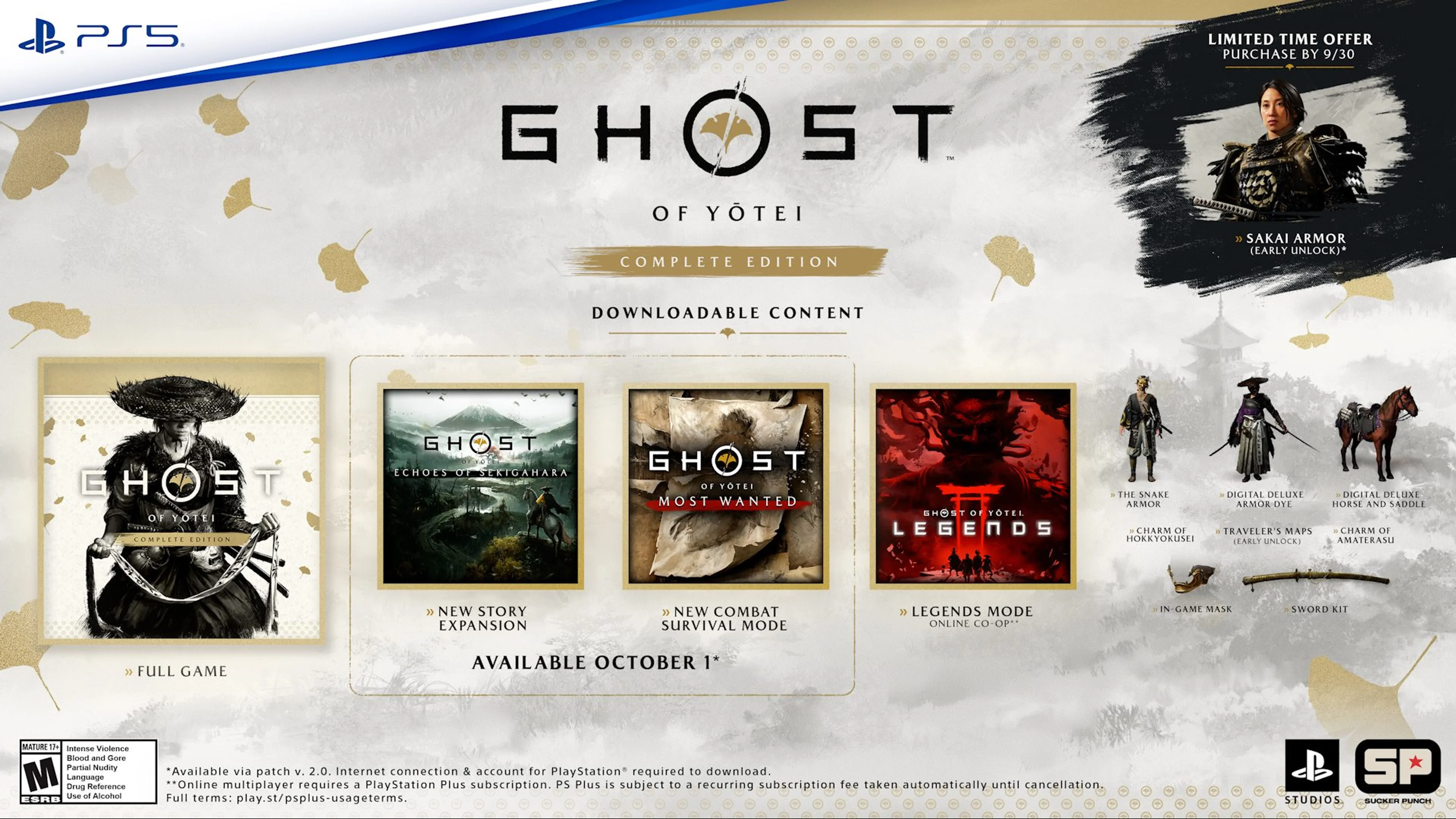 Ghost of Yōtei Complete Edition infographic showing Echoes of Sekigahara, Most Wanted, Legends, and bonus content.