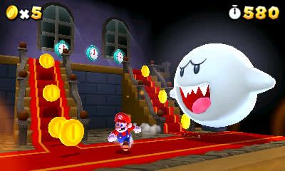 Mario runs along a red floor as a large white Boo follows near coin trails.