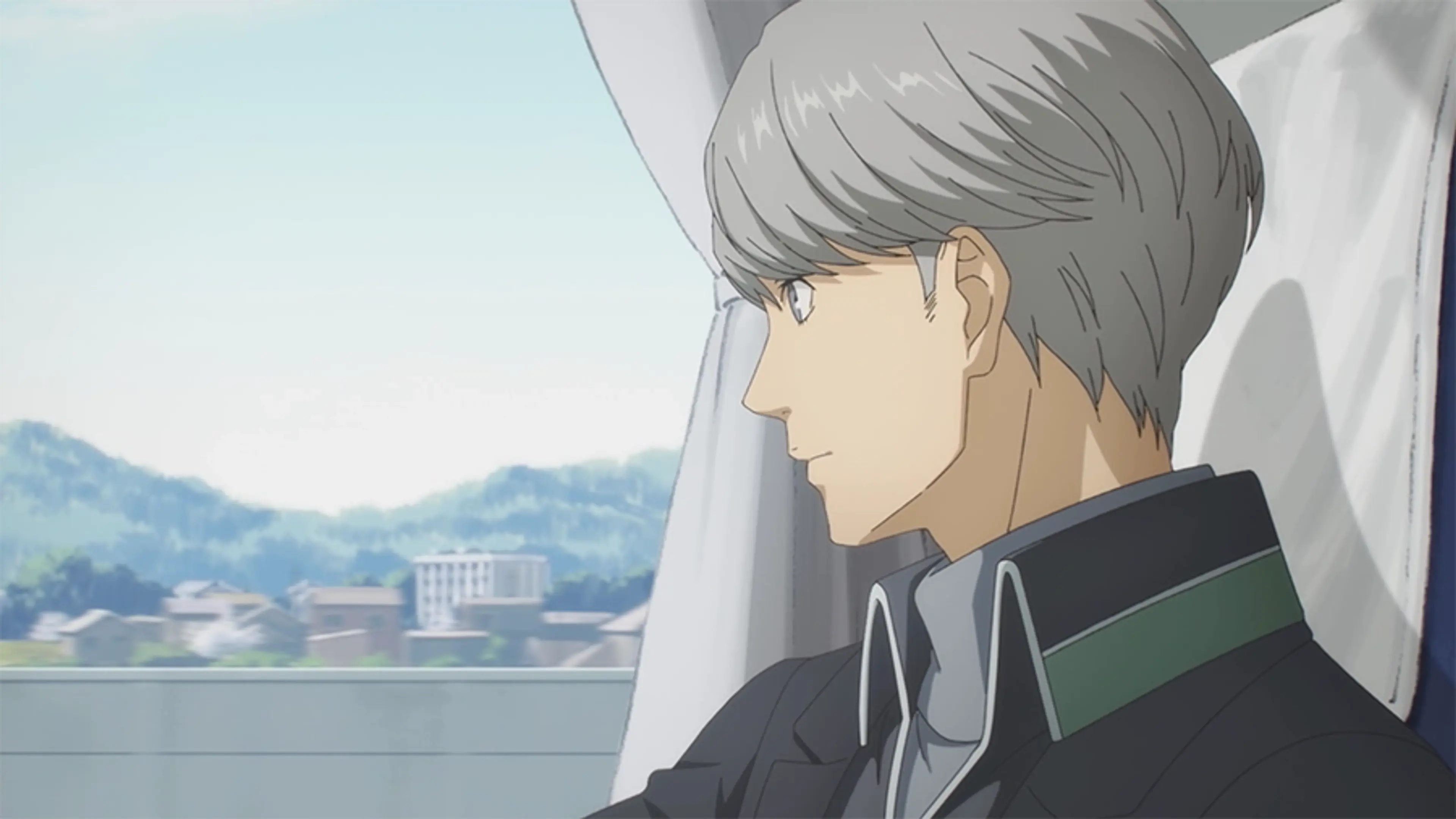Yu Narukami looks toward the countryside from a train window on the way to Inaba in Persona 4 Revival.