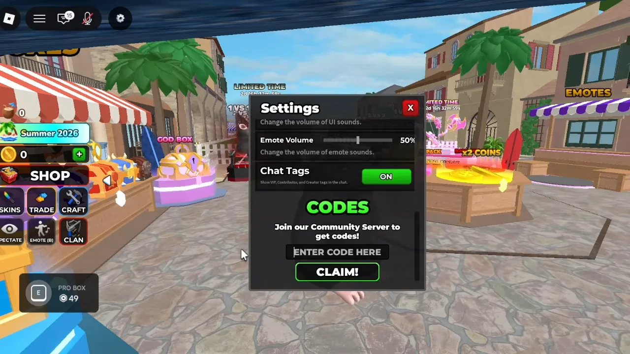 Murderers VS Sheriffs Settings menu with Codes, a code entry field and the CLAIM button.