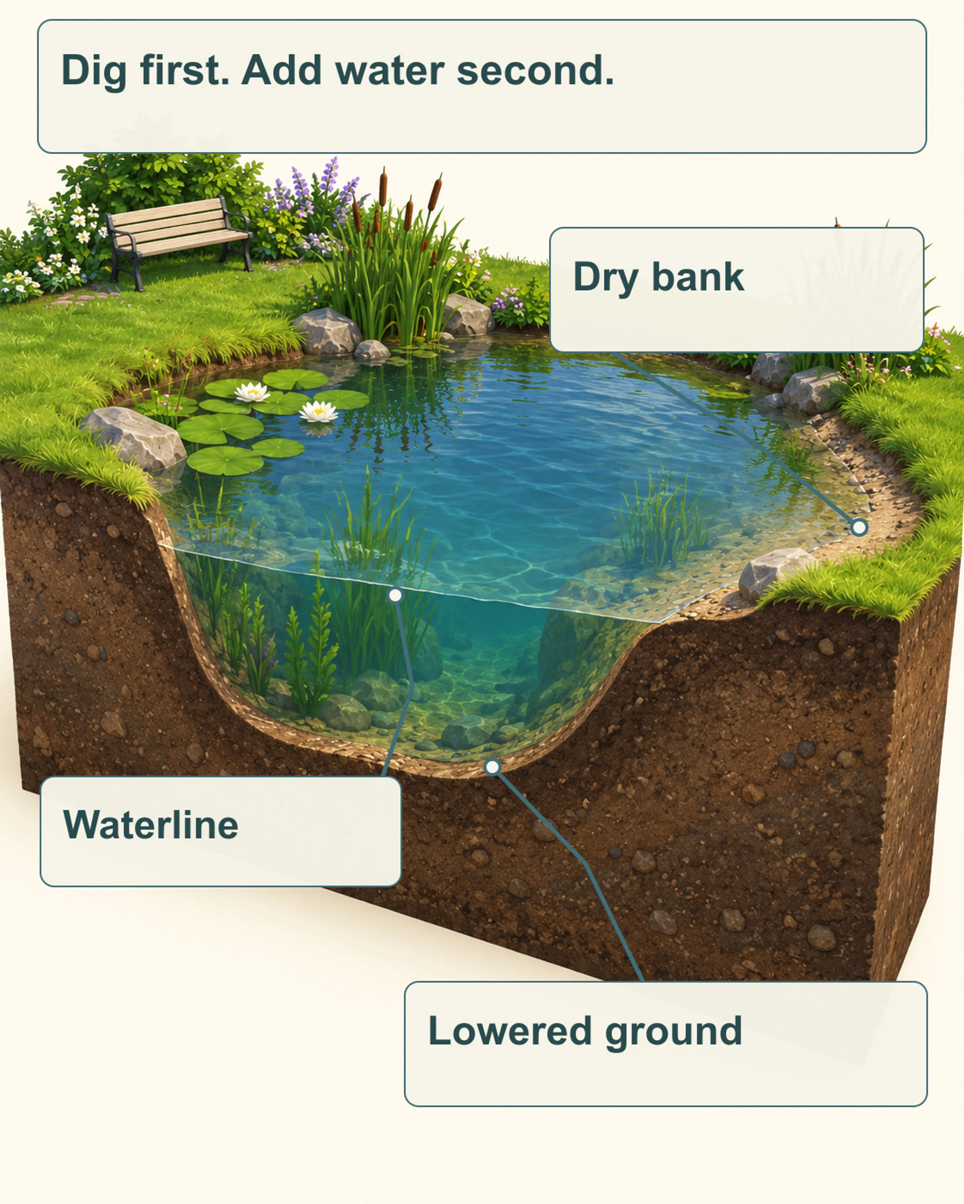 Original landscape cutaway labels the dry bank, waterline and lowered ground that forms a pond bowl.