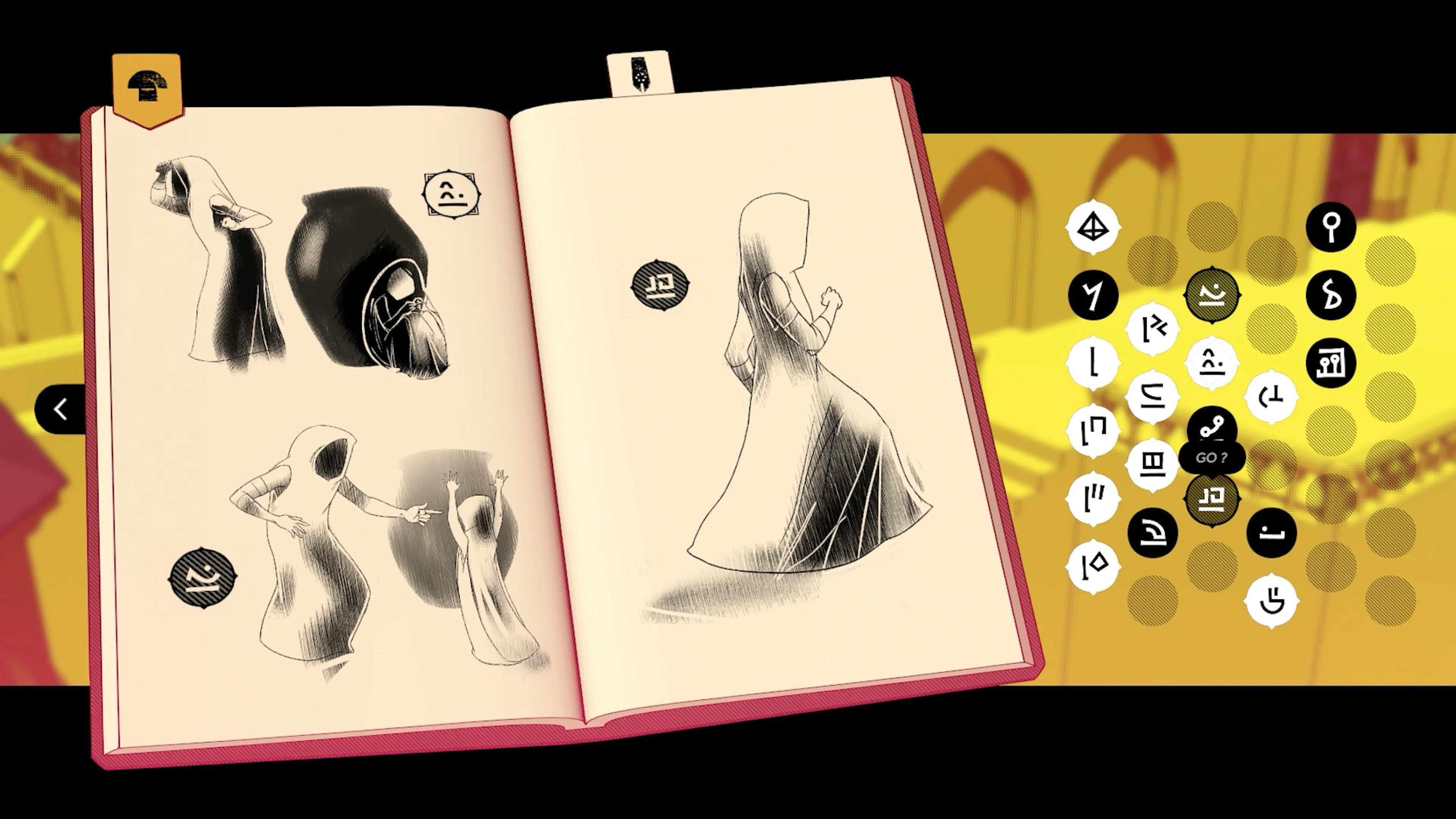 An open notebook shows drawings and unfamiliar language symbols in Chants of Sennaar.