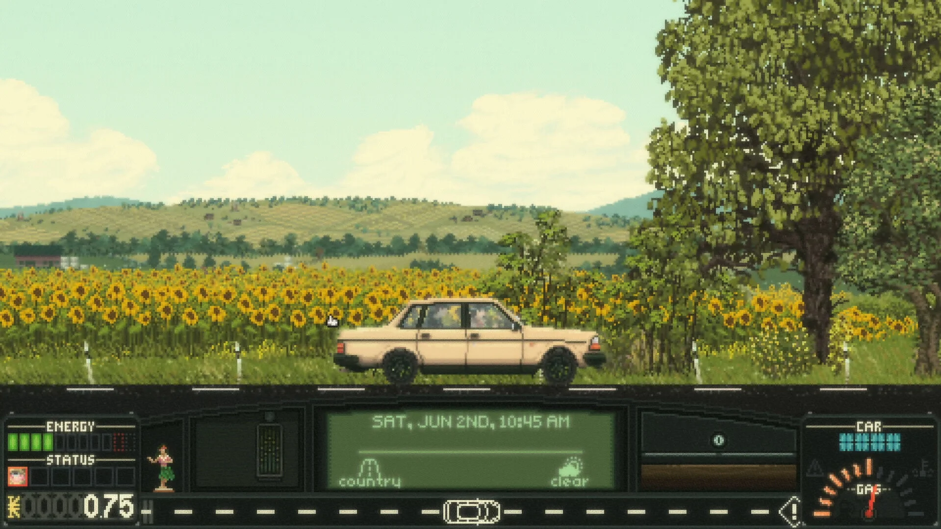A car passes sunflowers in Keep Driving.