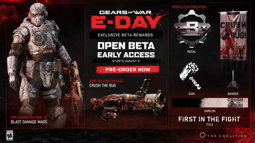 Official Gears of War E-Day Open Beta rewards including Blast Damage Mags, Crush the Bug weapon skins, medal, banner, emblem, icon, and title