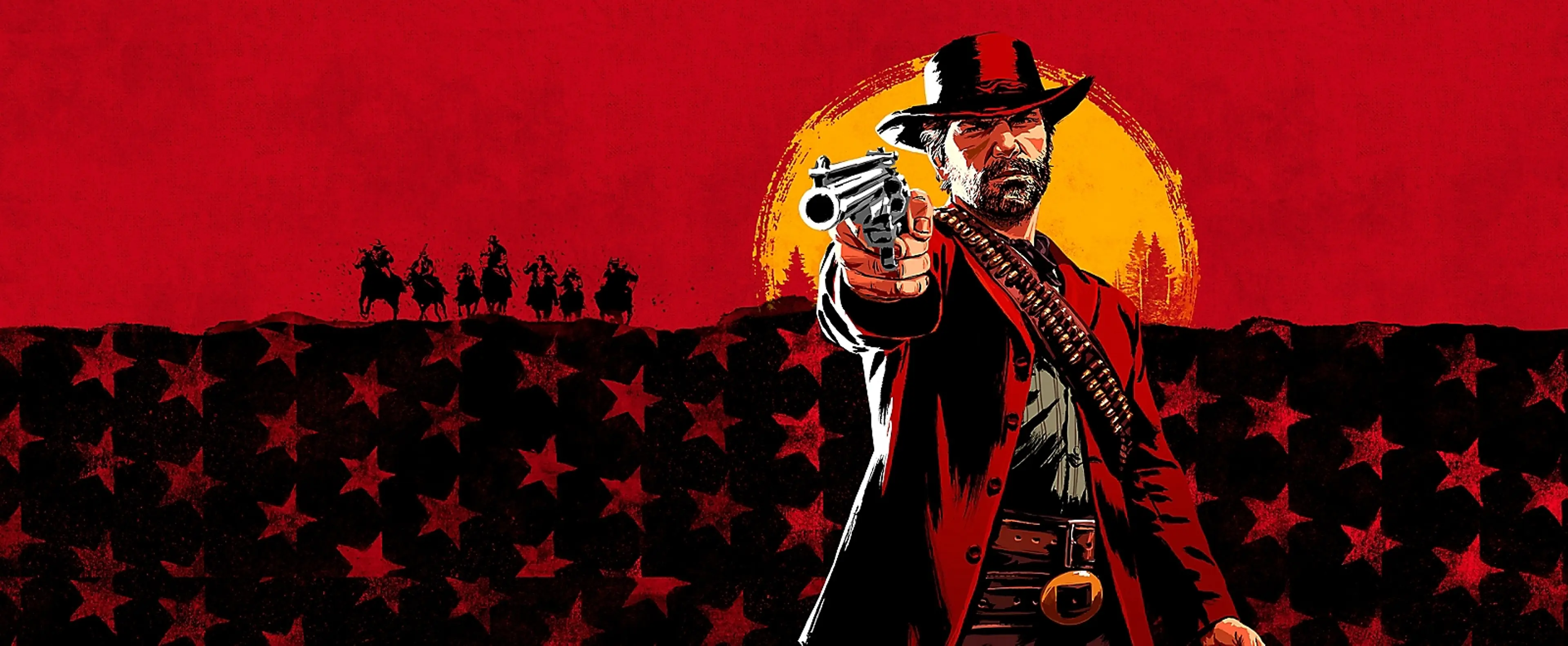 Official Red Dead Redemption 2 artwork showing an outlaw aiming a revolver.