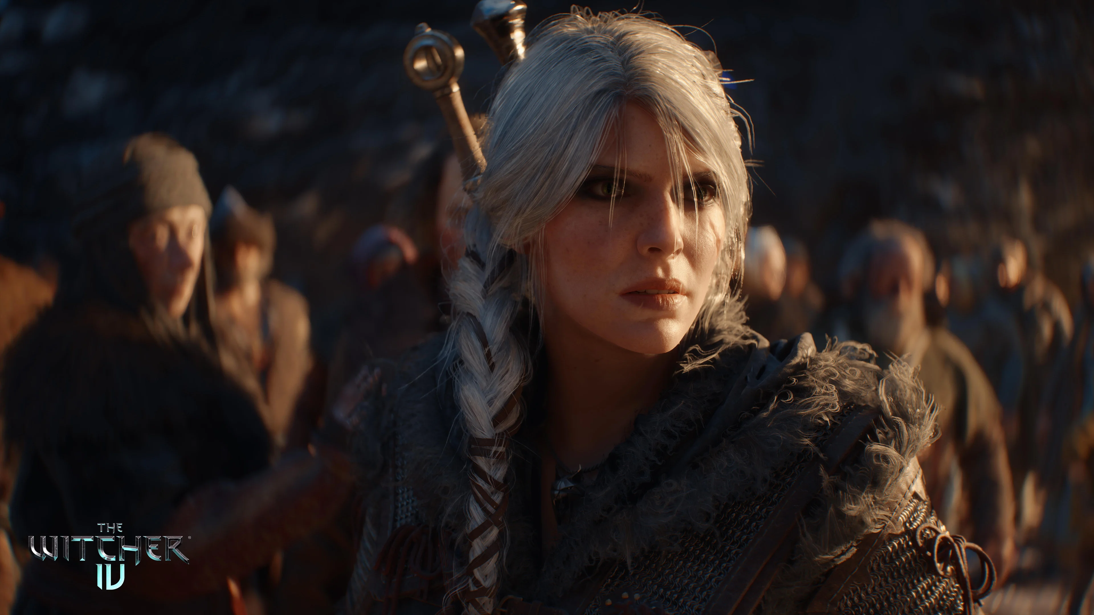 Ciri looks toward a crowd in an official cinematic image from The Witcher IV.