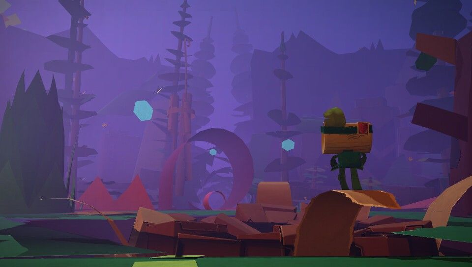 The messenger looks toward a glowing opening across a purple bridge and paper plants.