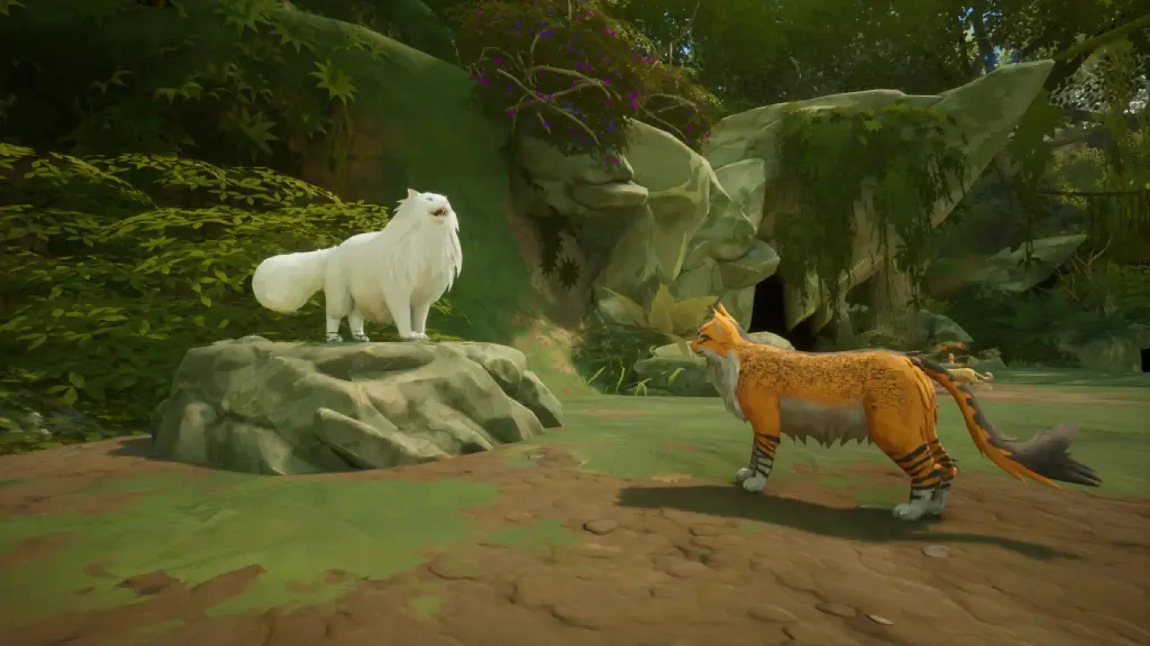 An orange warrior cat approaches a white cat beside moss-covered rocks in the forest.