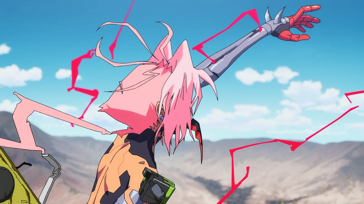 Talia raises a cybernetic arm beneath a bright blue sky in Cyberpunk: Edgerunners 2.