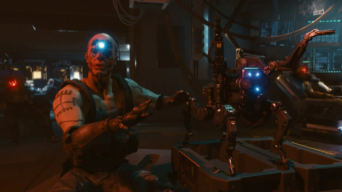 Official Cyberpunk 2077 gameplay image focused on cyberware and high-tech combat tools in Night City.
