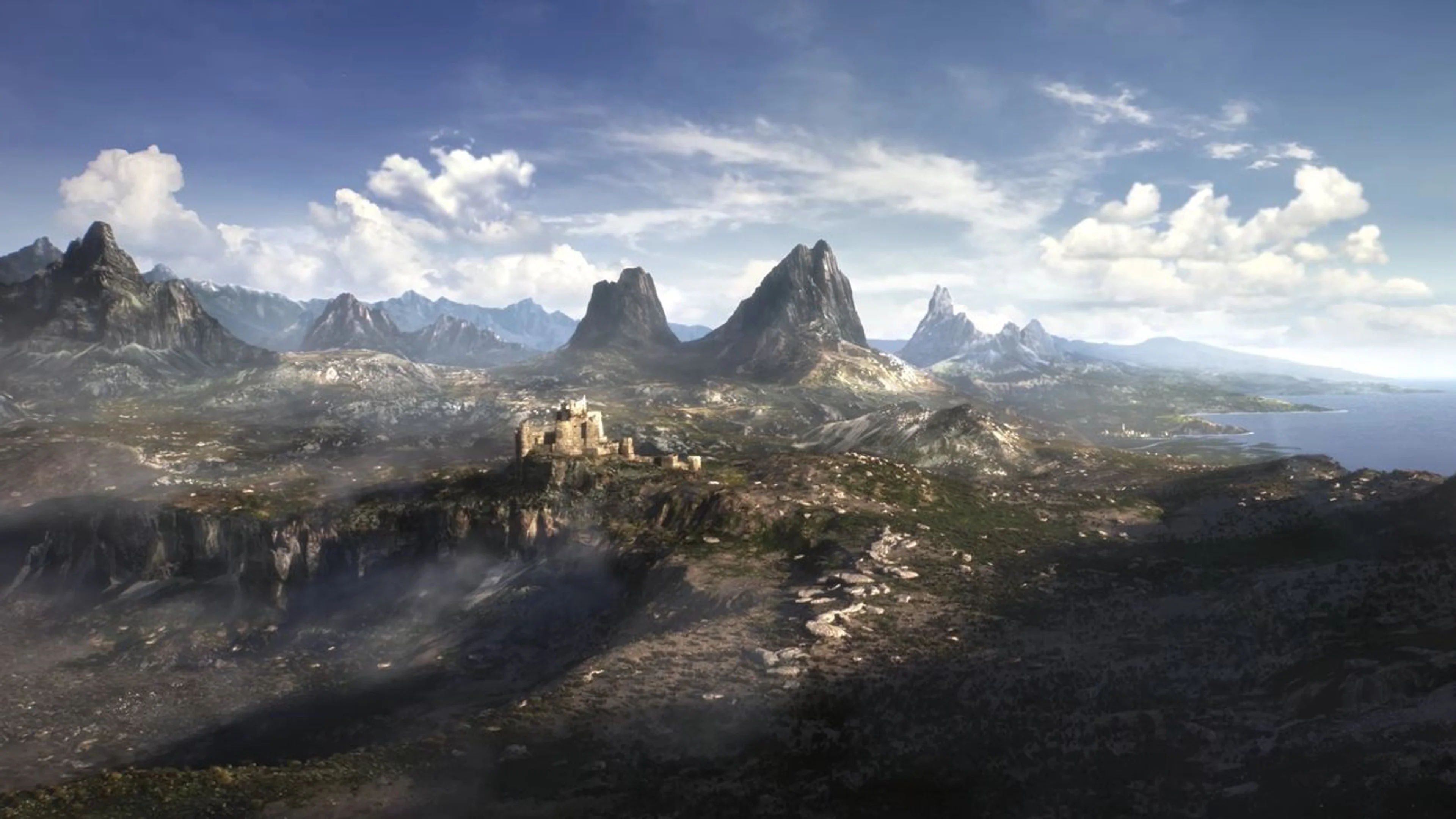The Elder Scrolls VI teaser landscape shows mountains, a coastline, and a stone fortress.
