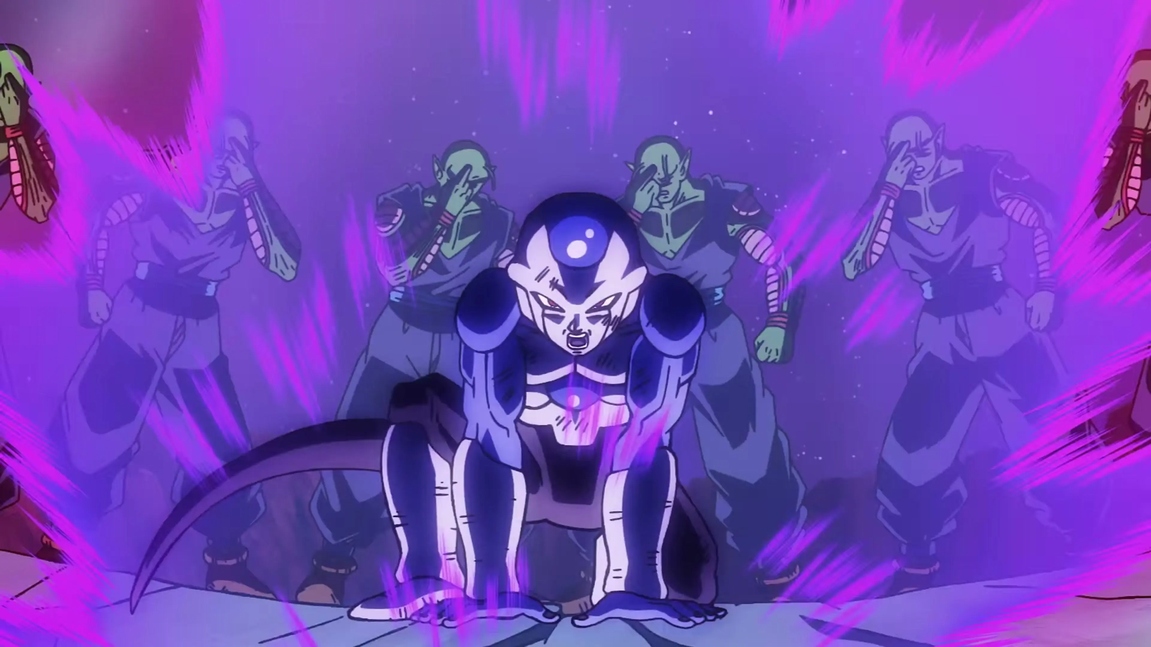 Frieza and an armored new enemy appear amid purple energy with soldiers behind them.