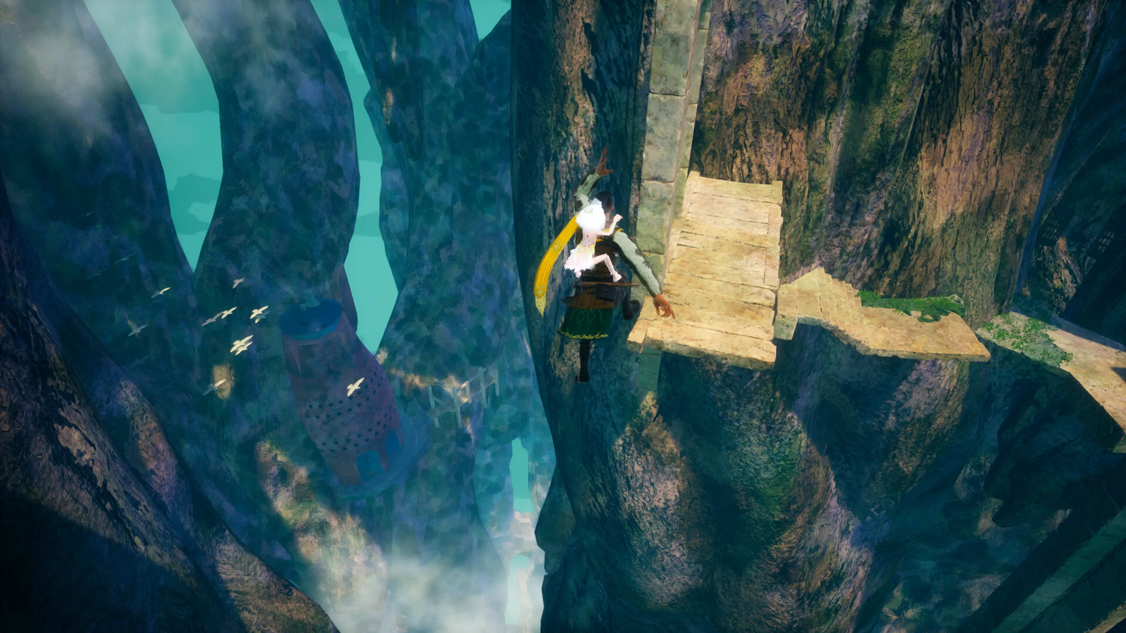 A soldier jumps toward a narrow wooden platform inside the World Tree.
