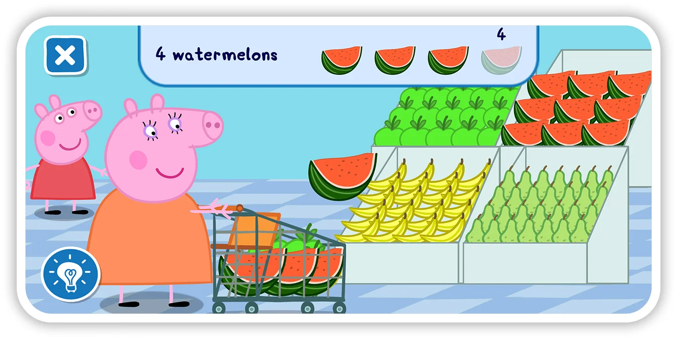 Peppa Pig and Mummy Pig shop for fruit in a Netflix Playground game.