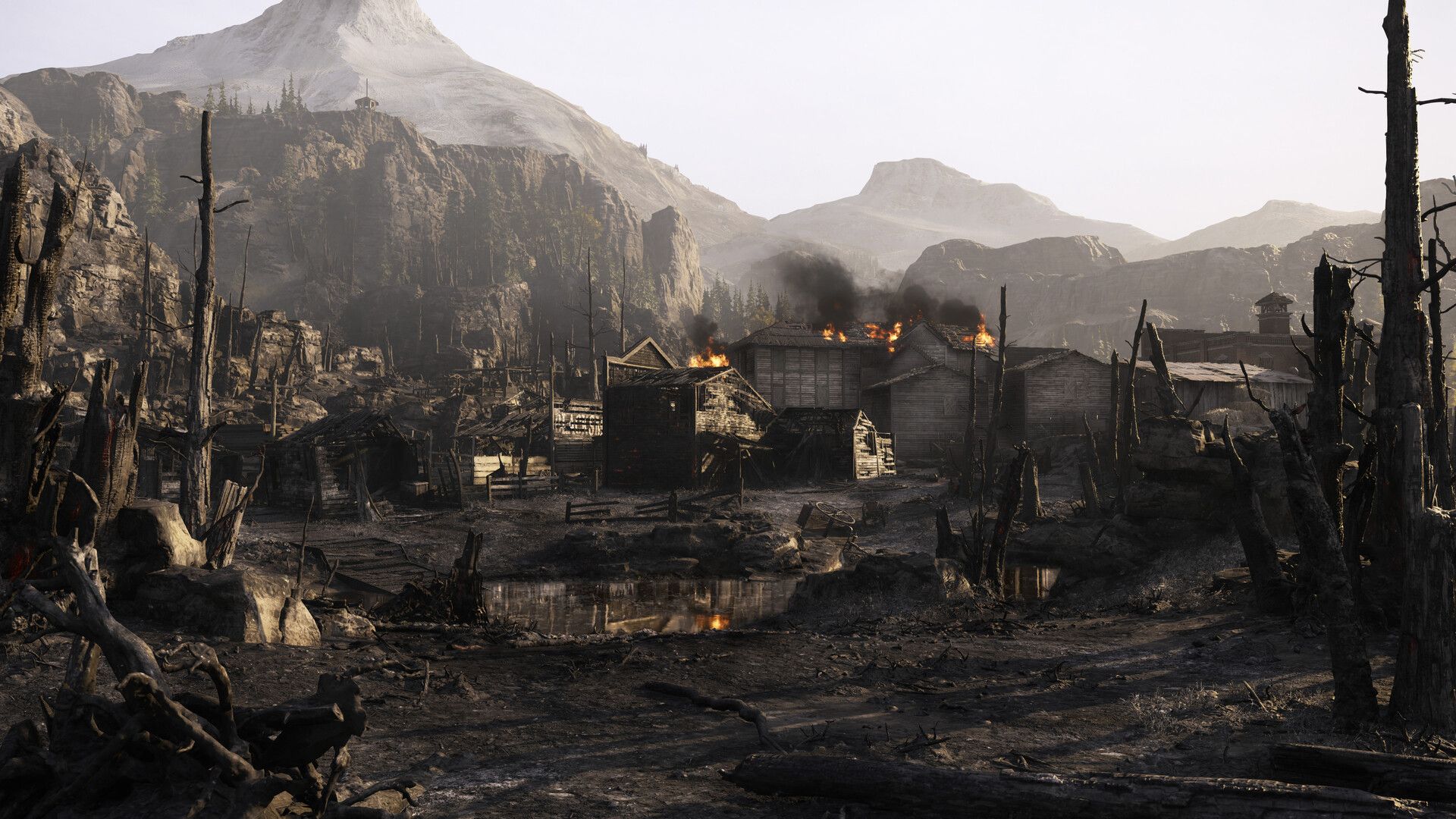 A settlement lies below rocky mountains in Hunt Showdown 1896.