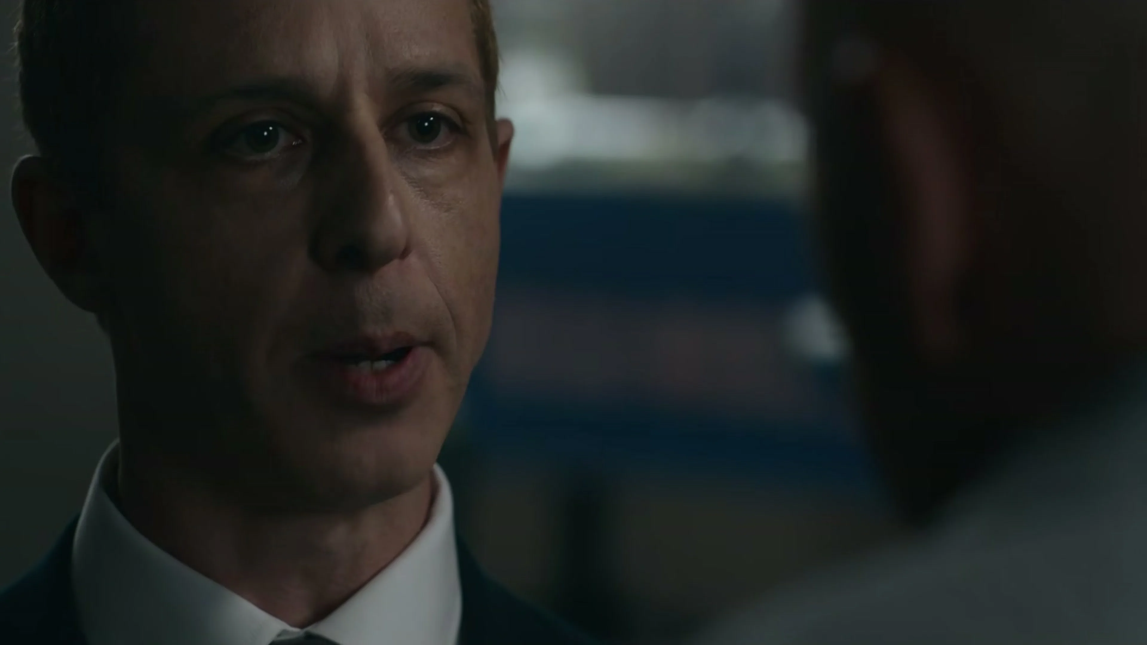 Jeremy Strong appears in a close-up as Mark Zuckerberg in The Social Reckoning.