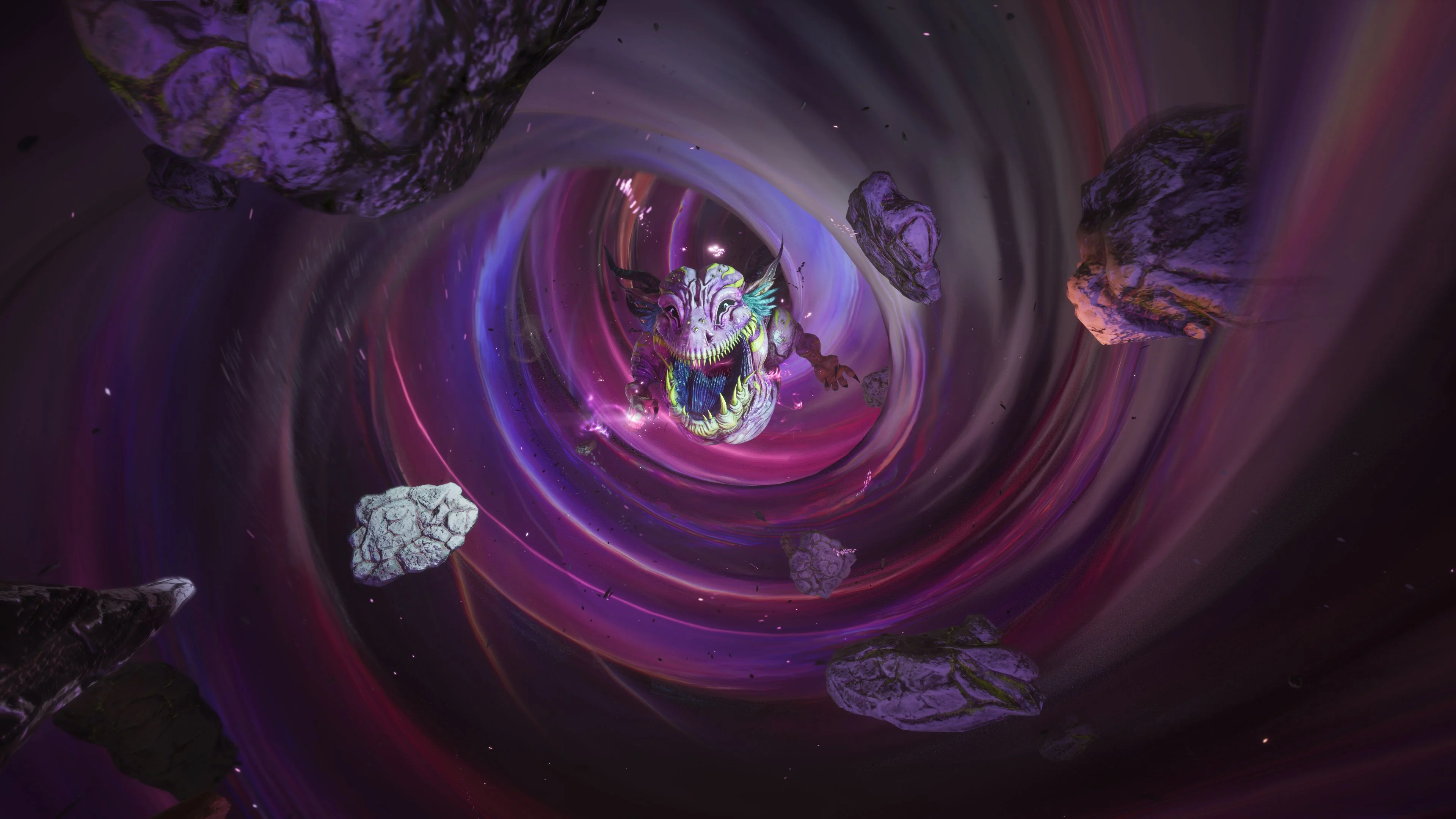 A creature charges through a purple vortex surrounded by floating rocks in Final Fantasy VII Revelation.
