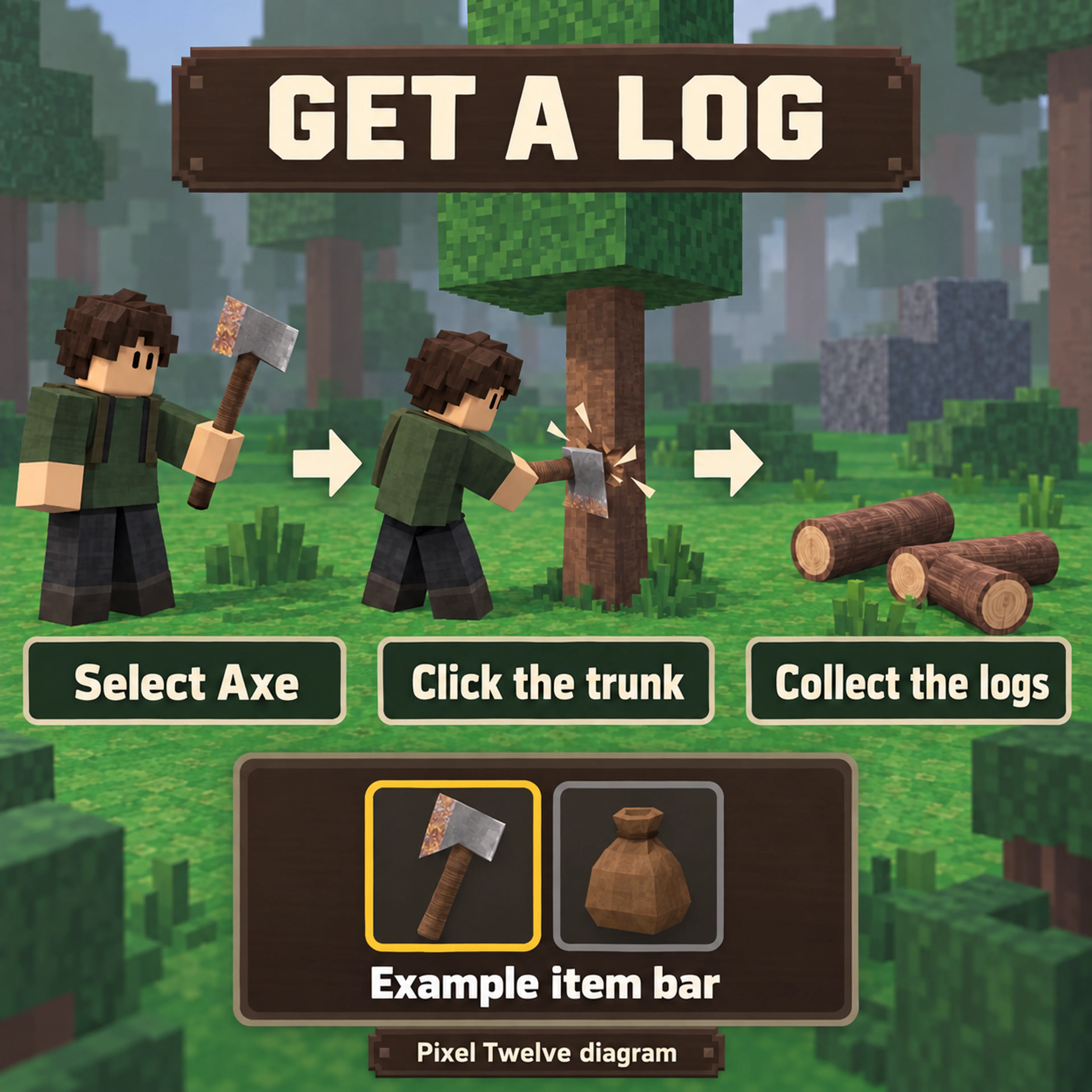 Rusty Old Axe selected in an example item bar, followed by chopping a small tree and finding round logs.