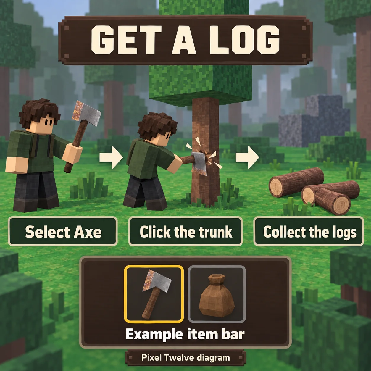Rusty Old Axe selected in an example item bar, followed by chopping a small tree and finding round logs.