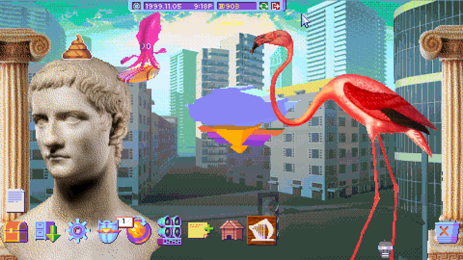 A customized desktop mixes icons, patterns, a large head statue and a flamingo, showing the decoration options in HypnOS.
