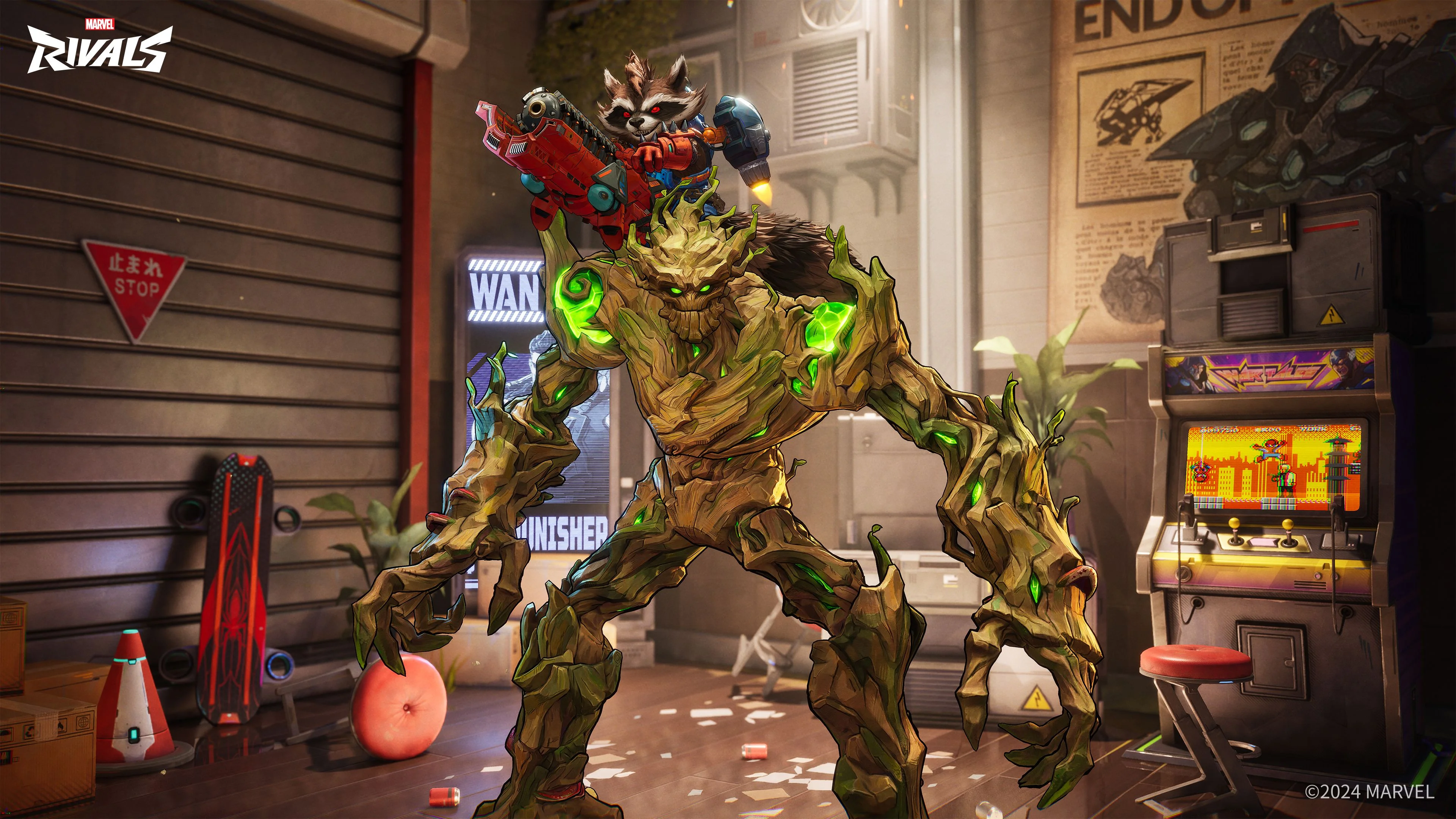 Groot and Rocket Raccoon standing together in Marvel Rivals