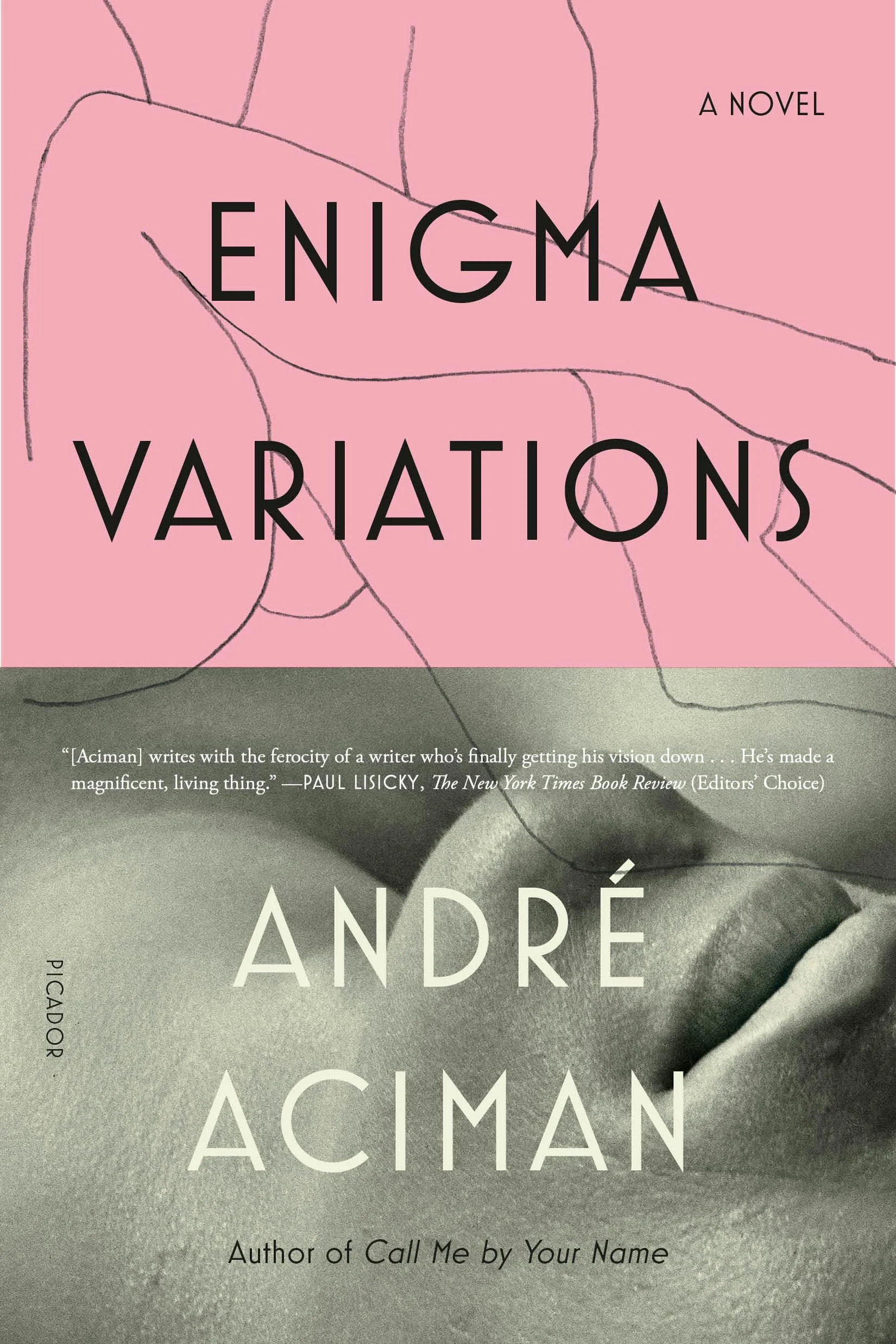 The pink cover of André Aciman’s novel Enigma Variations rests against a pale background.