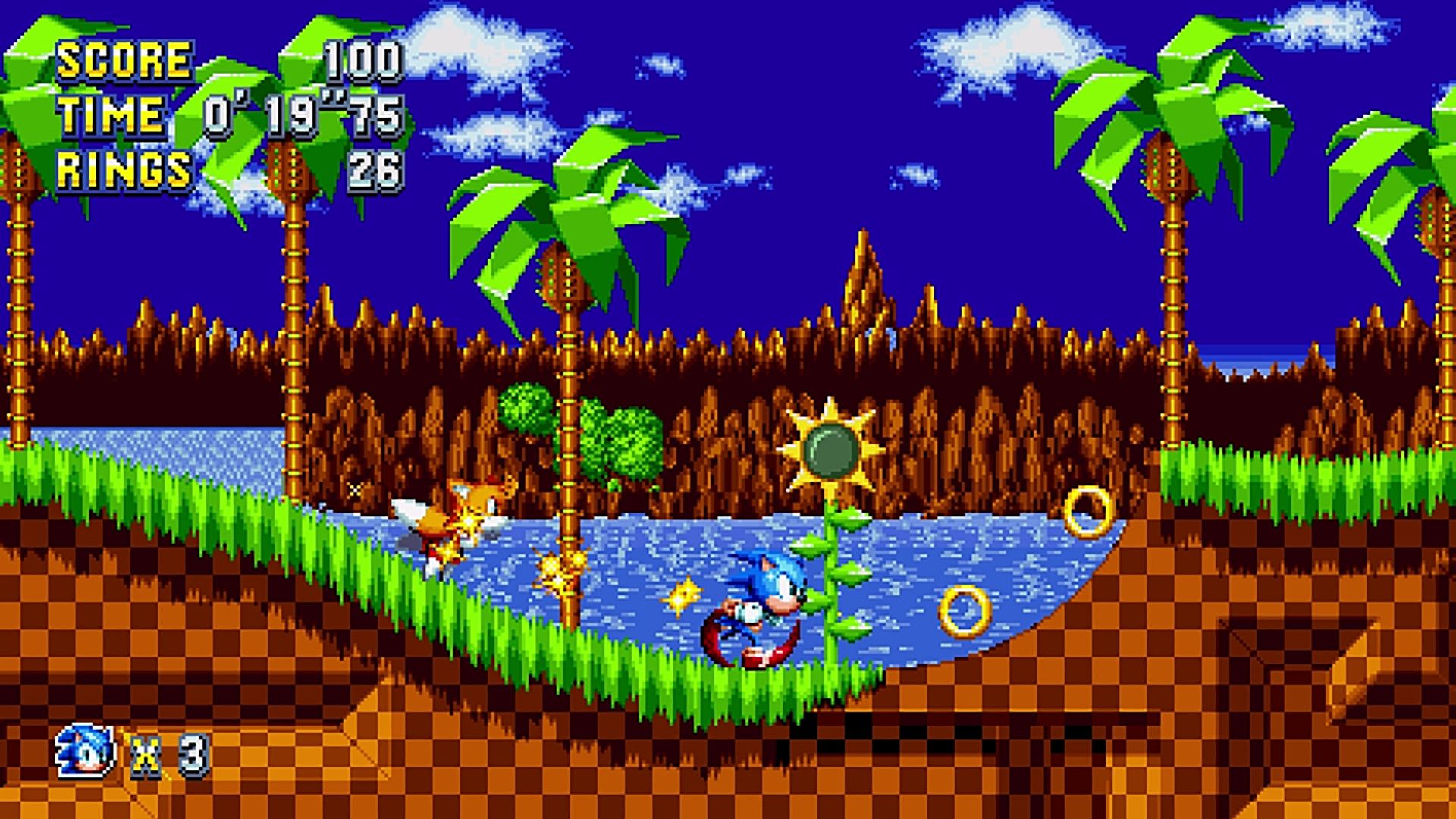 Sonic and the two-tailed orange fox Tails run through a grassy, palm-lined stage.