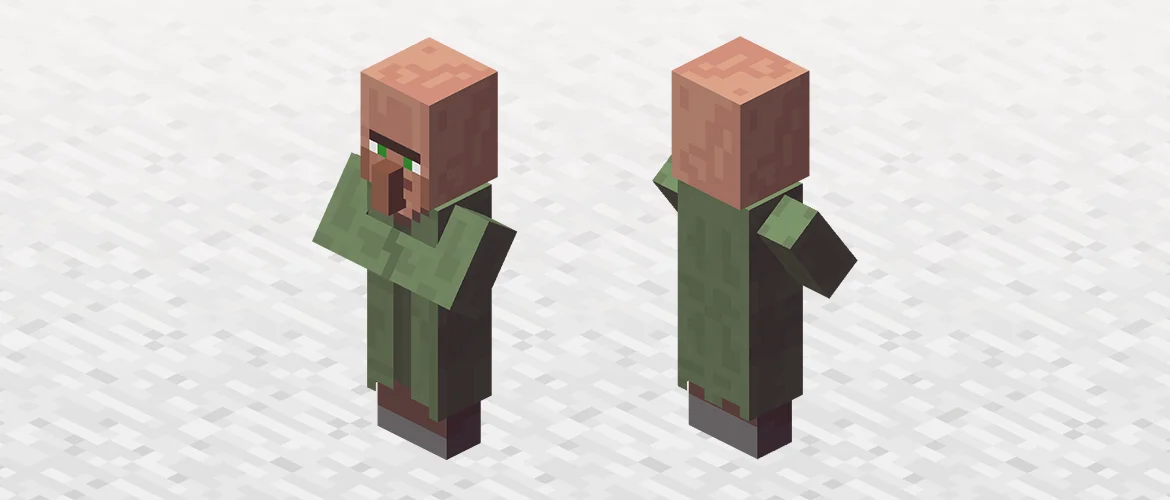 A green-robed nitwit villager standing inside a Minecraft village.