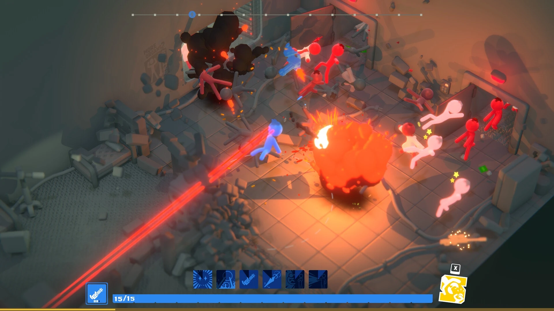 Stick figures clash around an explosion in a rooftop fight.