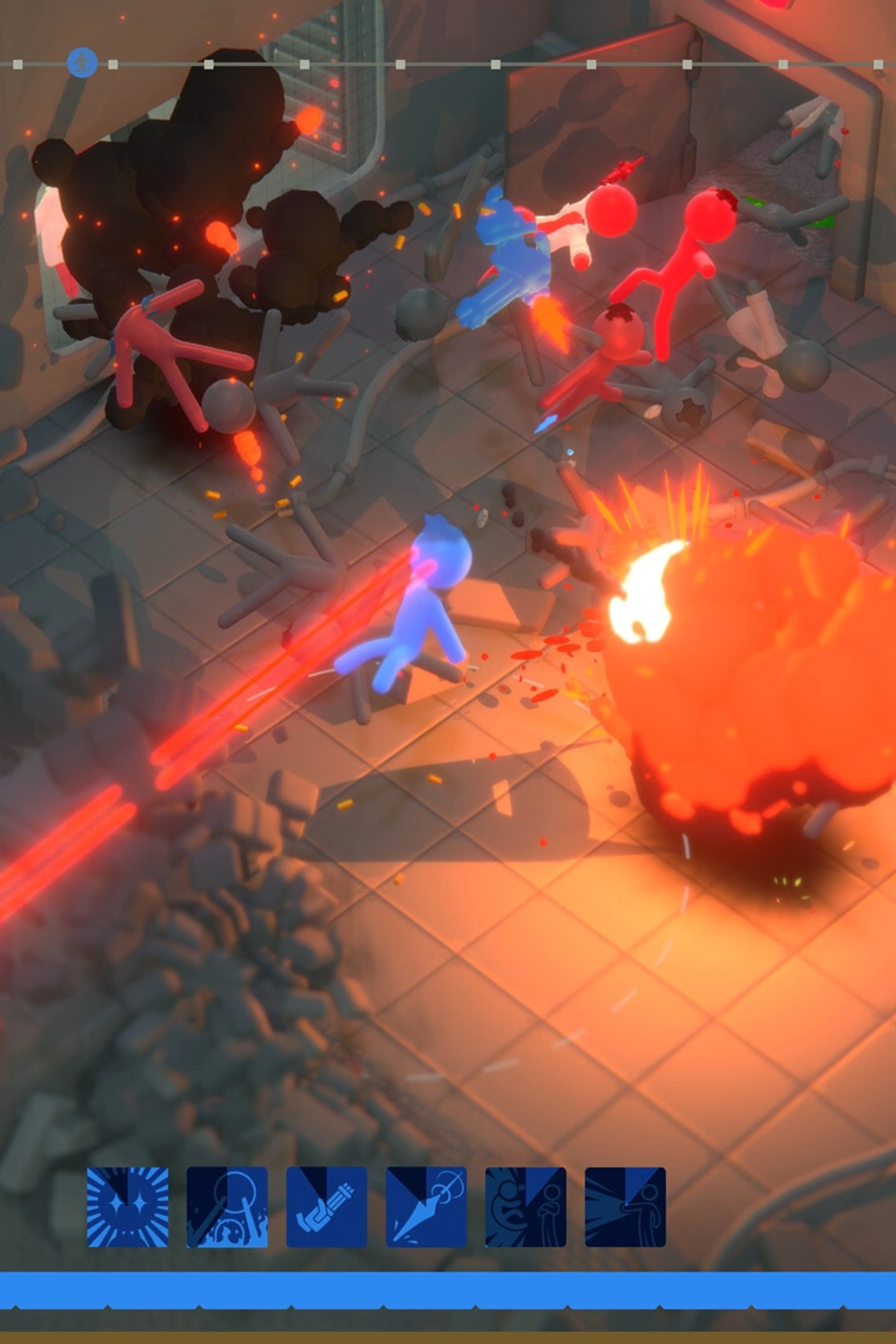 Stick figures clash around an explosion in a rooftop fight.