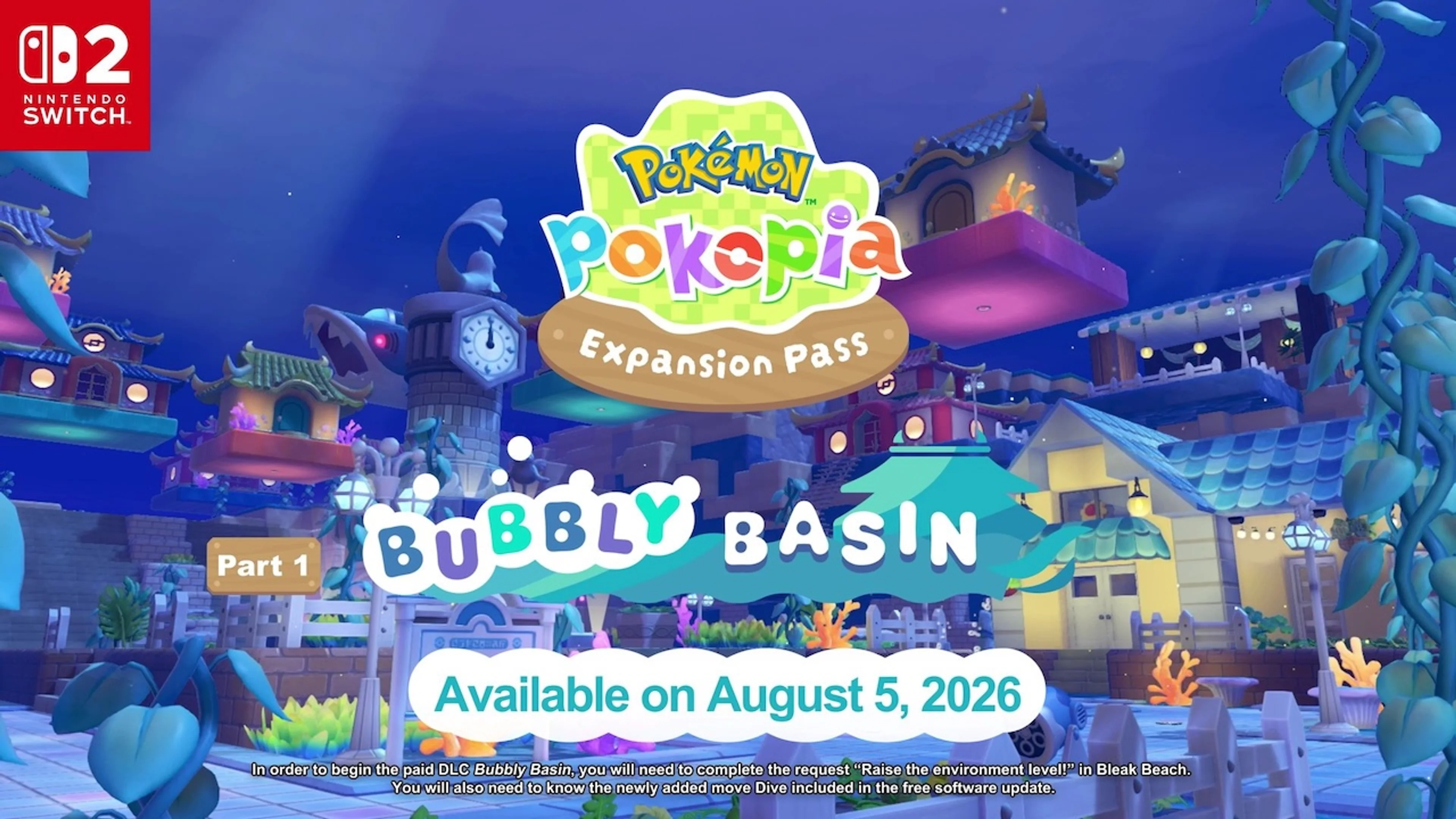 Pokémon Pokopia Expansion Pass Part 1 Bubbly Basin release artwork for August 5, 2026