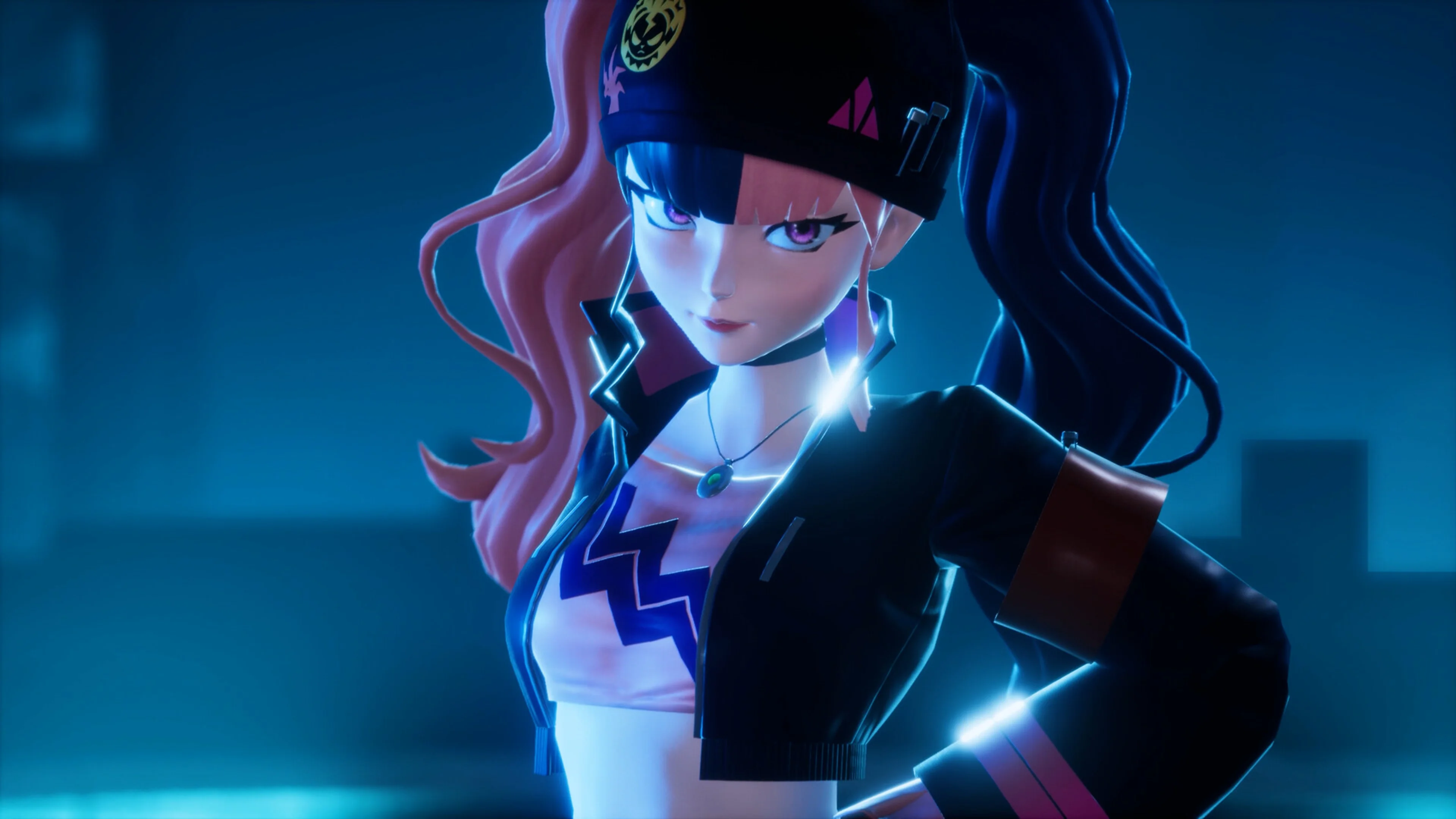 A Palworld character wearing dark equipment under blue light.