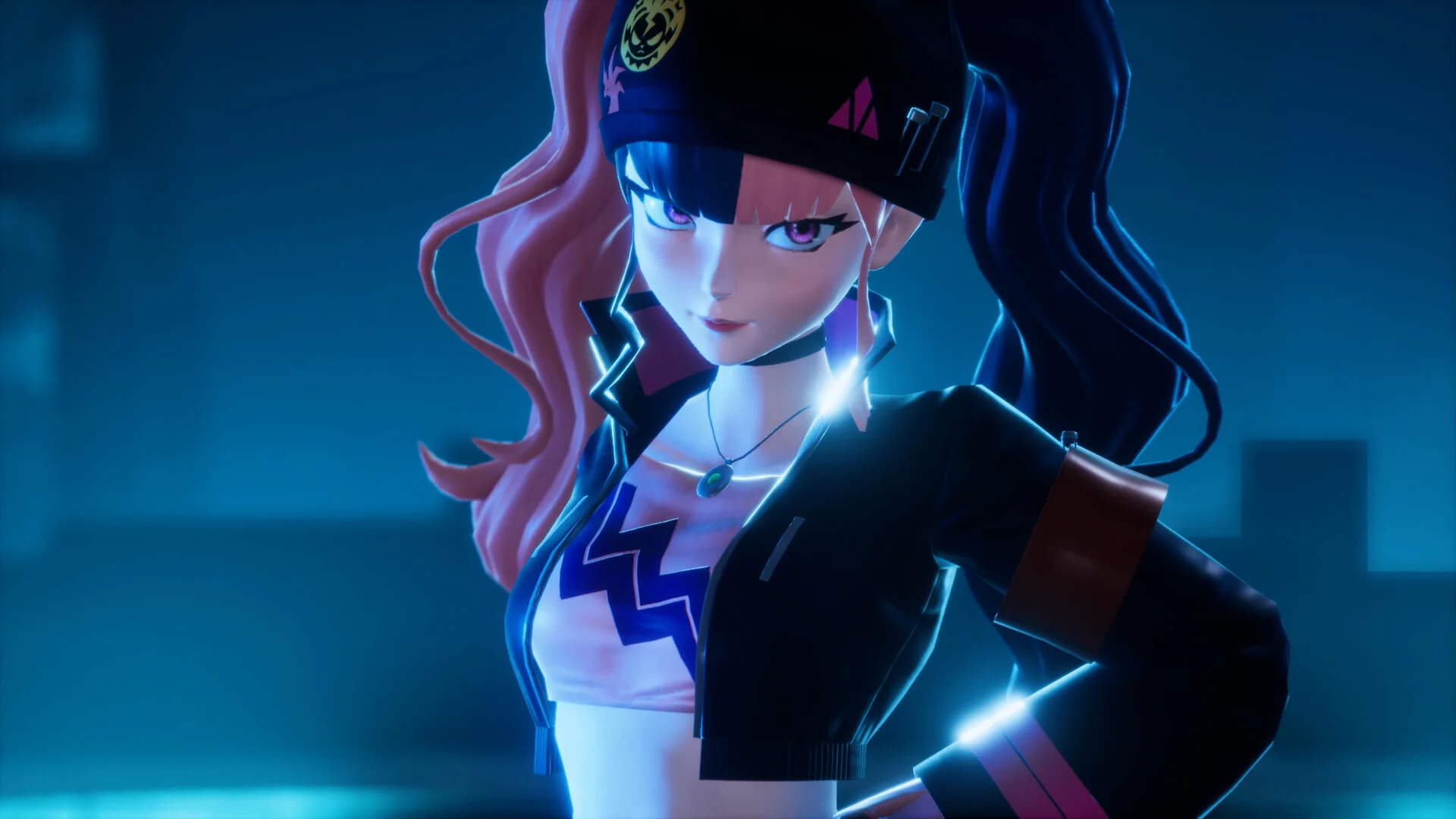 A Palworld character wearing dark equipment under blue light.