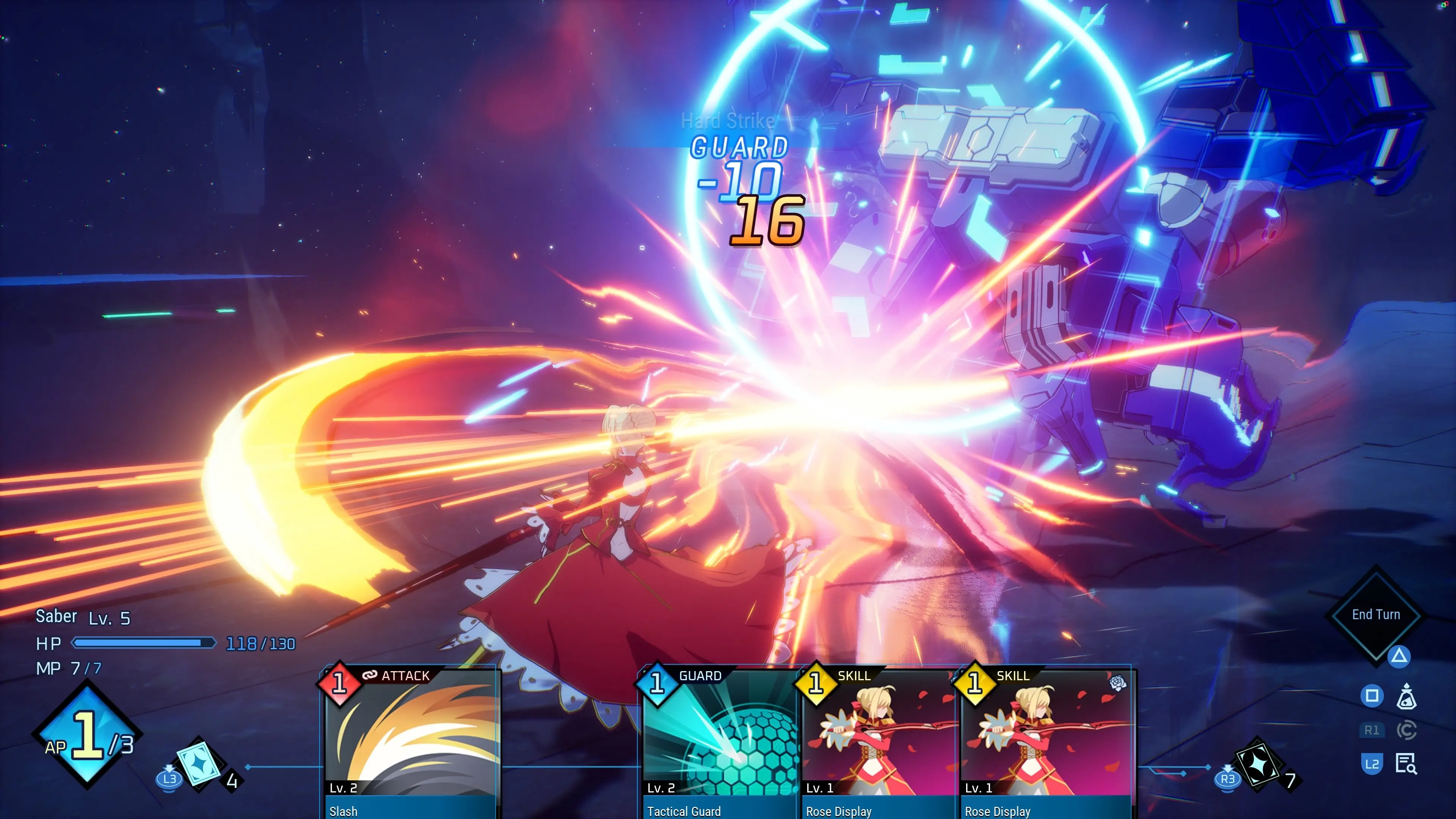 Saber attacks an enemy through the Command Card battle interface.