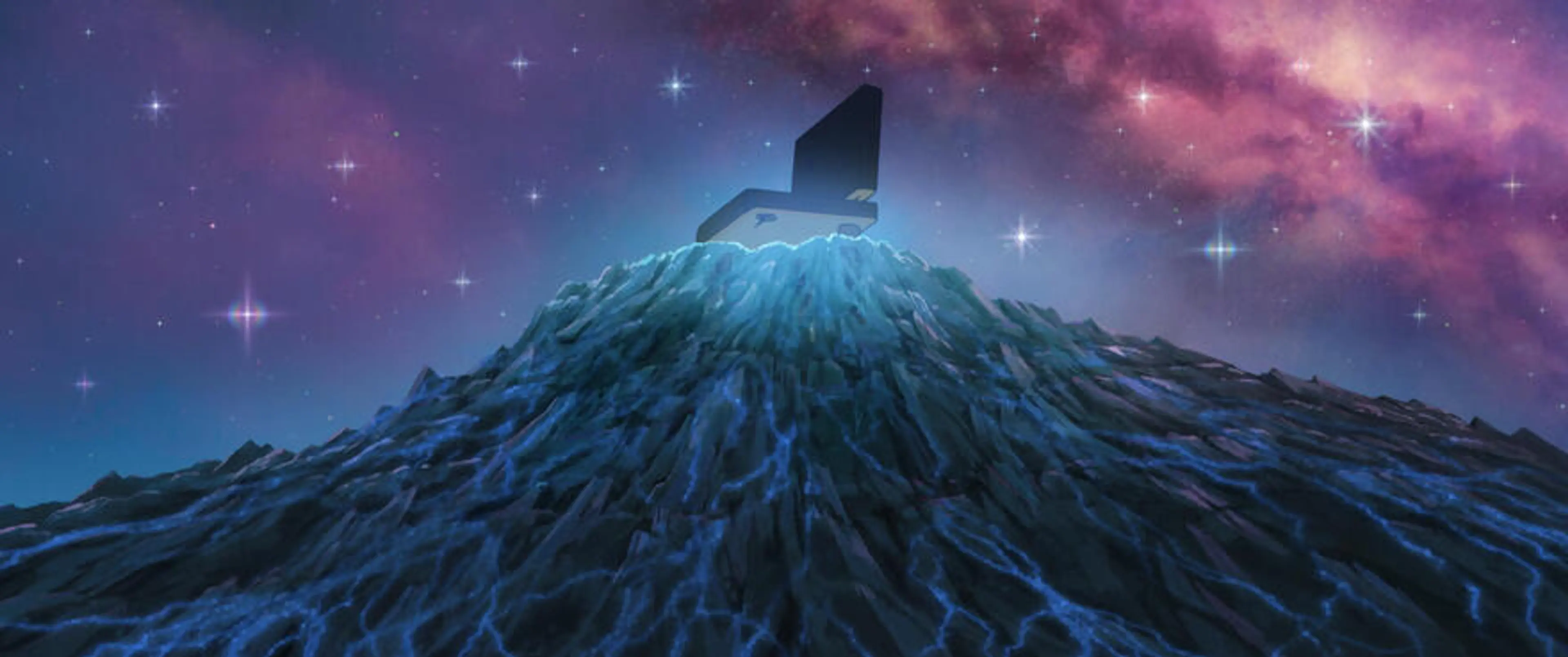 A lone door stands on a rocky peak beneath a sky filled with pink and blue stars.