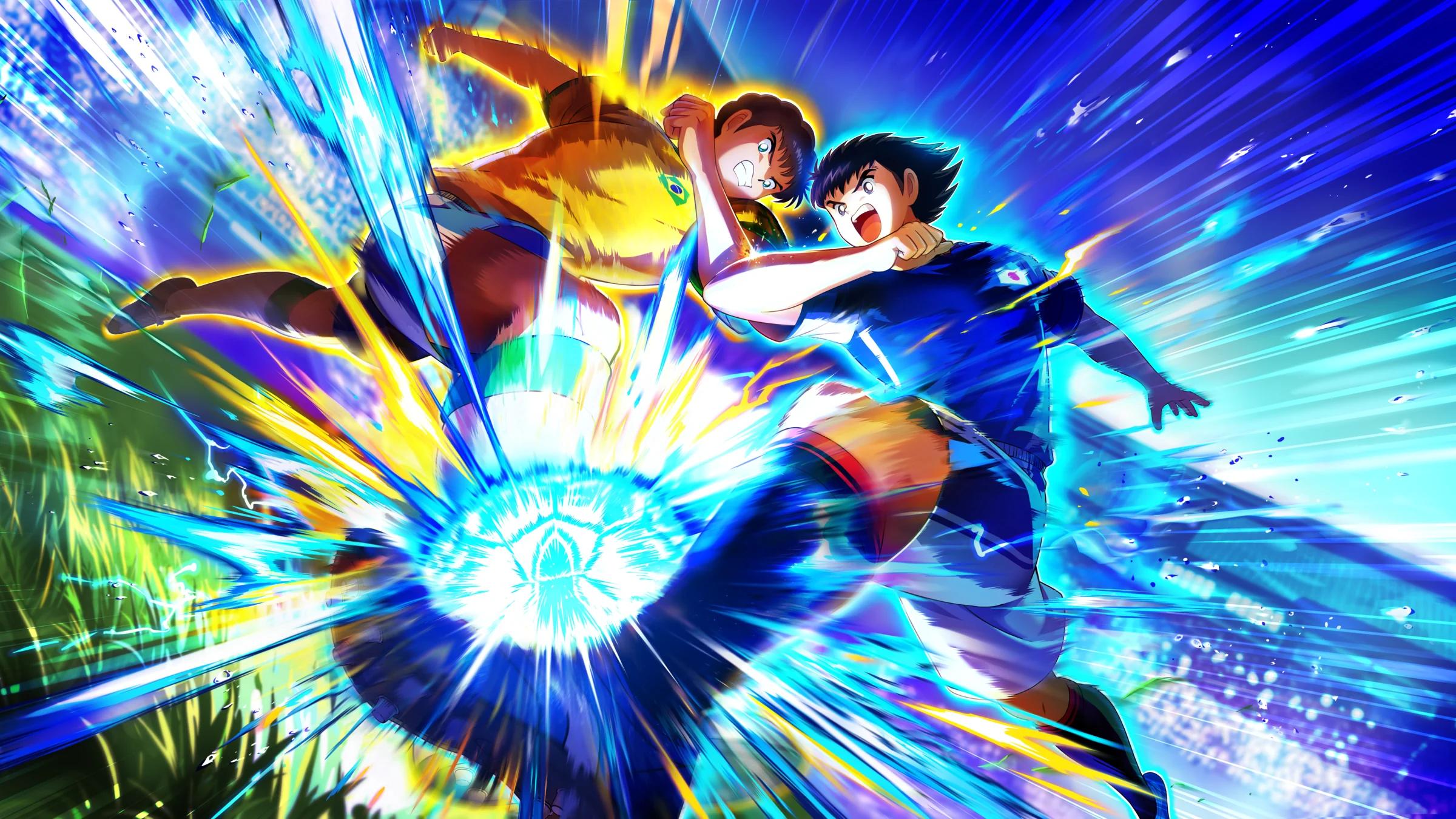 Tsubasa Ozora and a Brazil player collide over the ball in Captain Tsubasa 2: World Fighters key art.