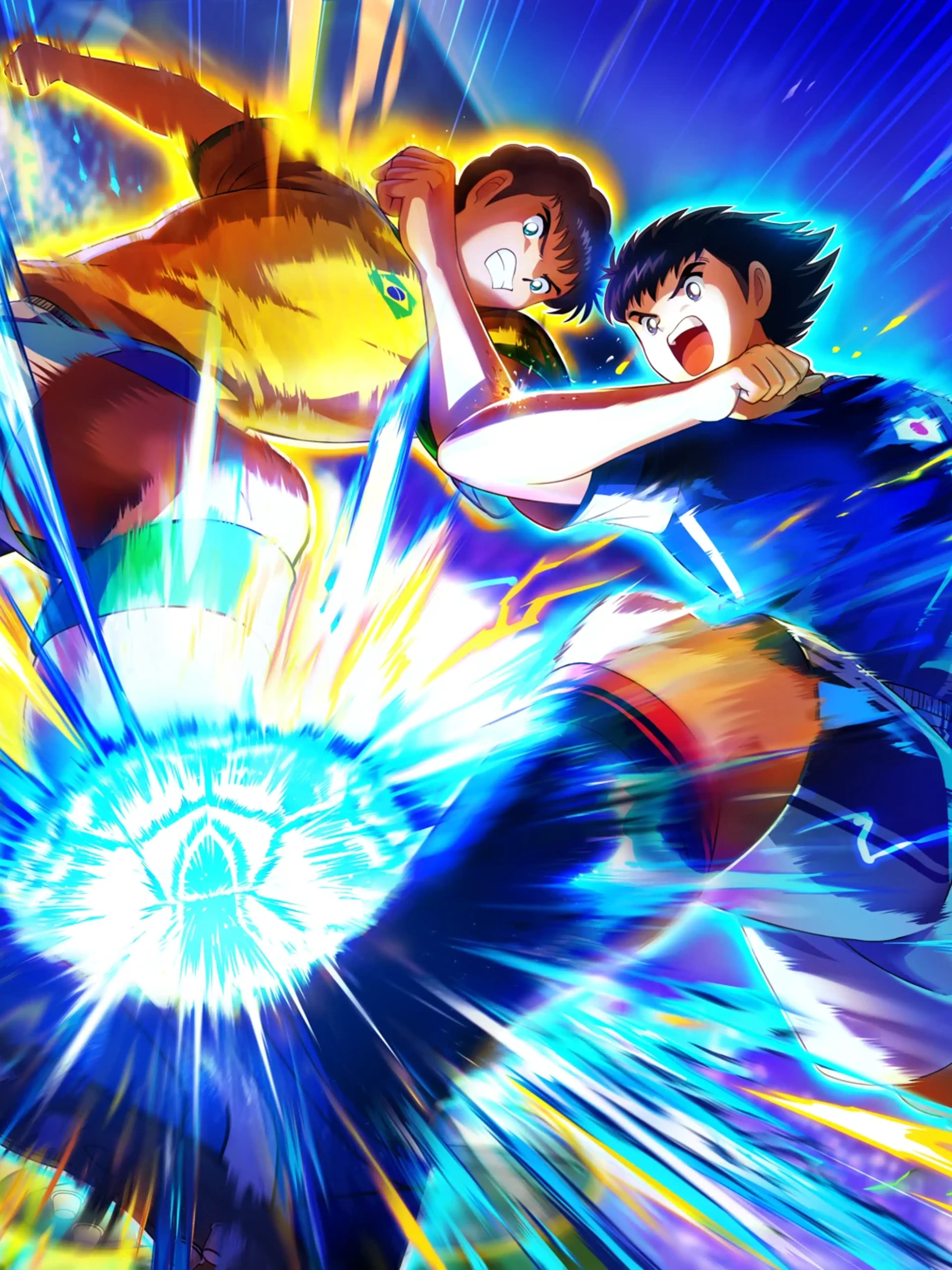 Tsubasa Ozora and a Brazil player collide over the ball in Captain Tsubasa 2: World Fighters key art.