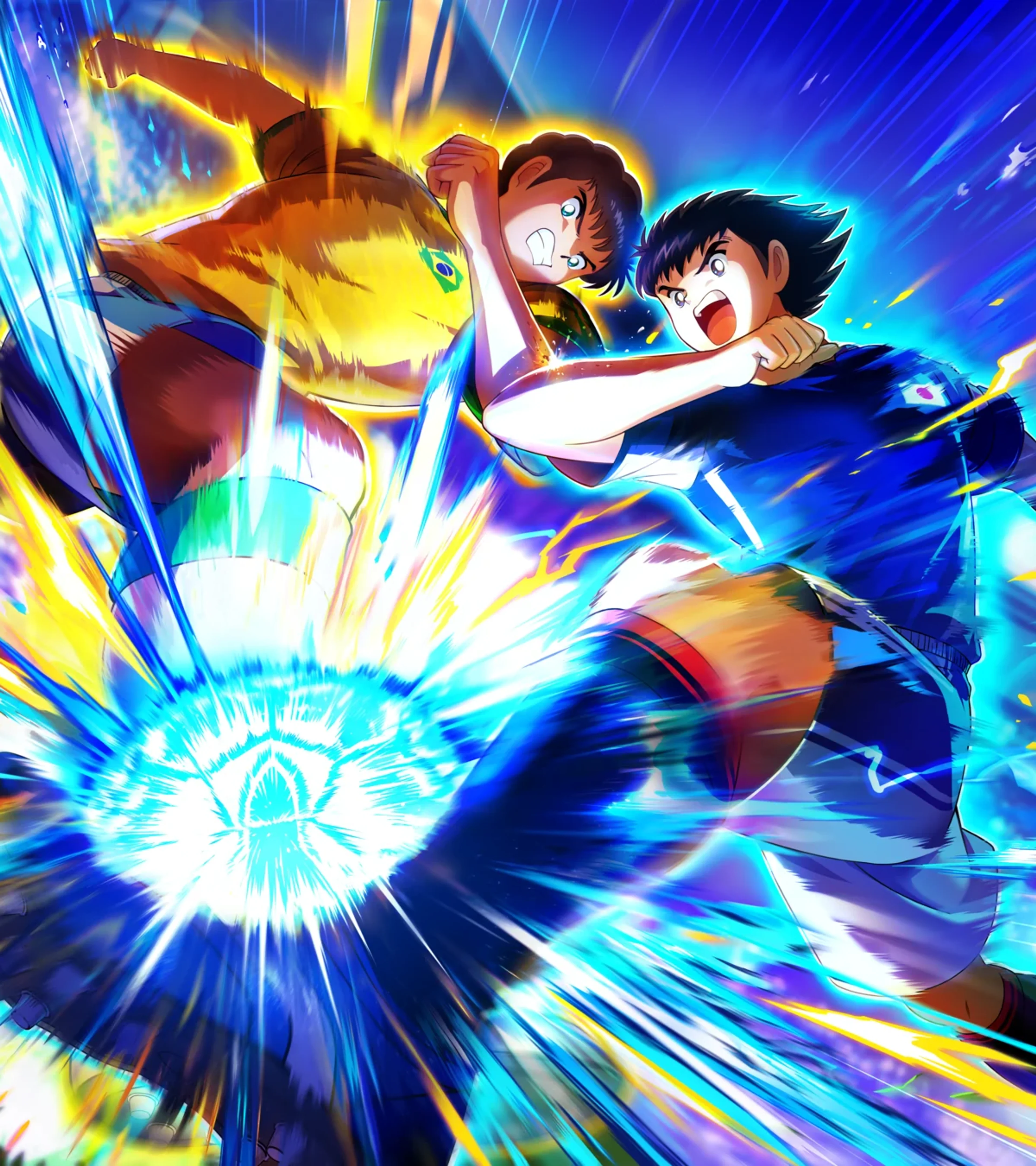 Tsubasa Ozora and a Brazil player collide over the ball in Captain Tsubasa 2: World Fighters key art.
