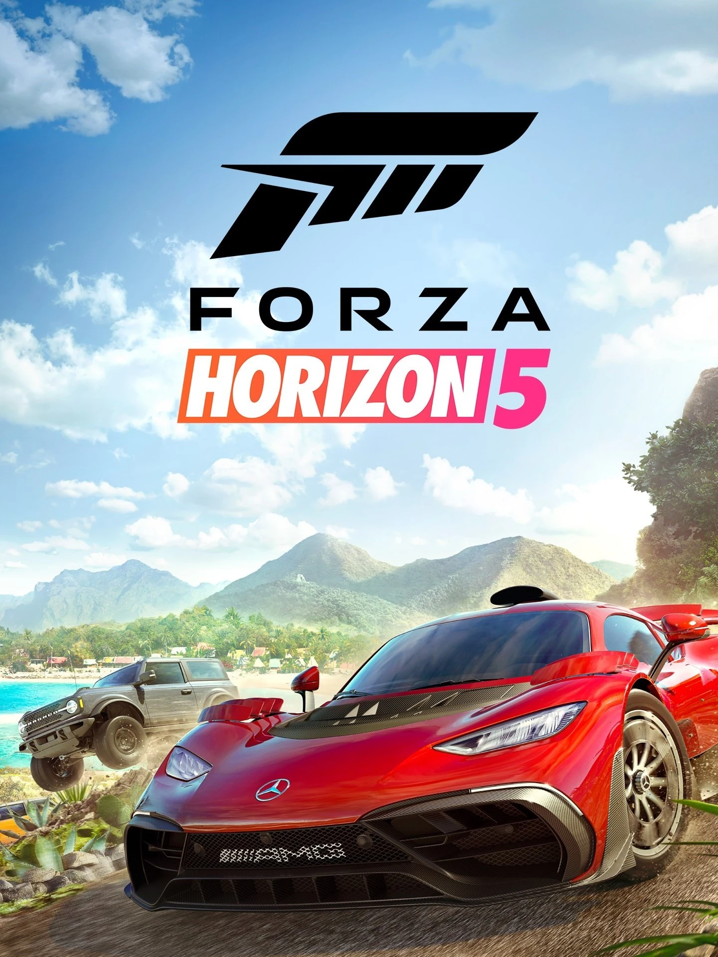 Official Forza Horizon 5 cover with Mercedes-AMG ONE and Ford Bronco beneath the game logo.