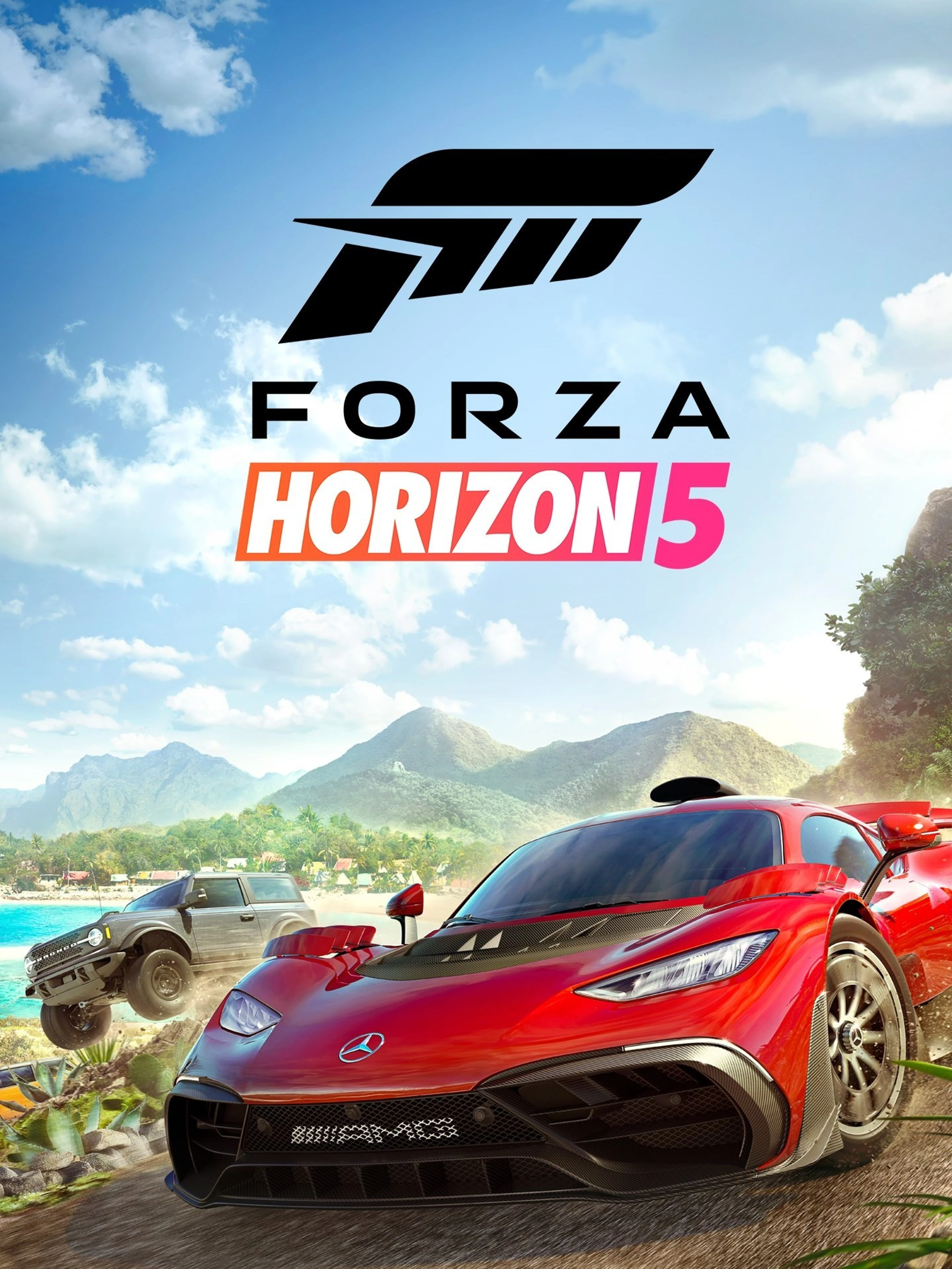 Official Forza Horizon 5 cover with Mercedes-AMG ONE and Ford Bronco beneath the game logo.