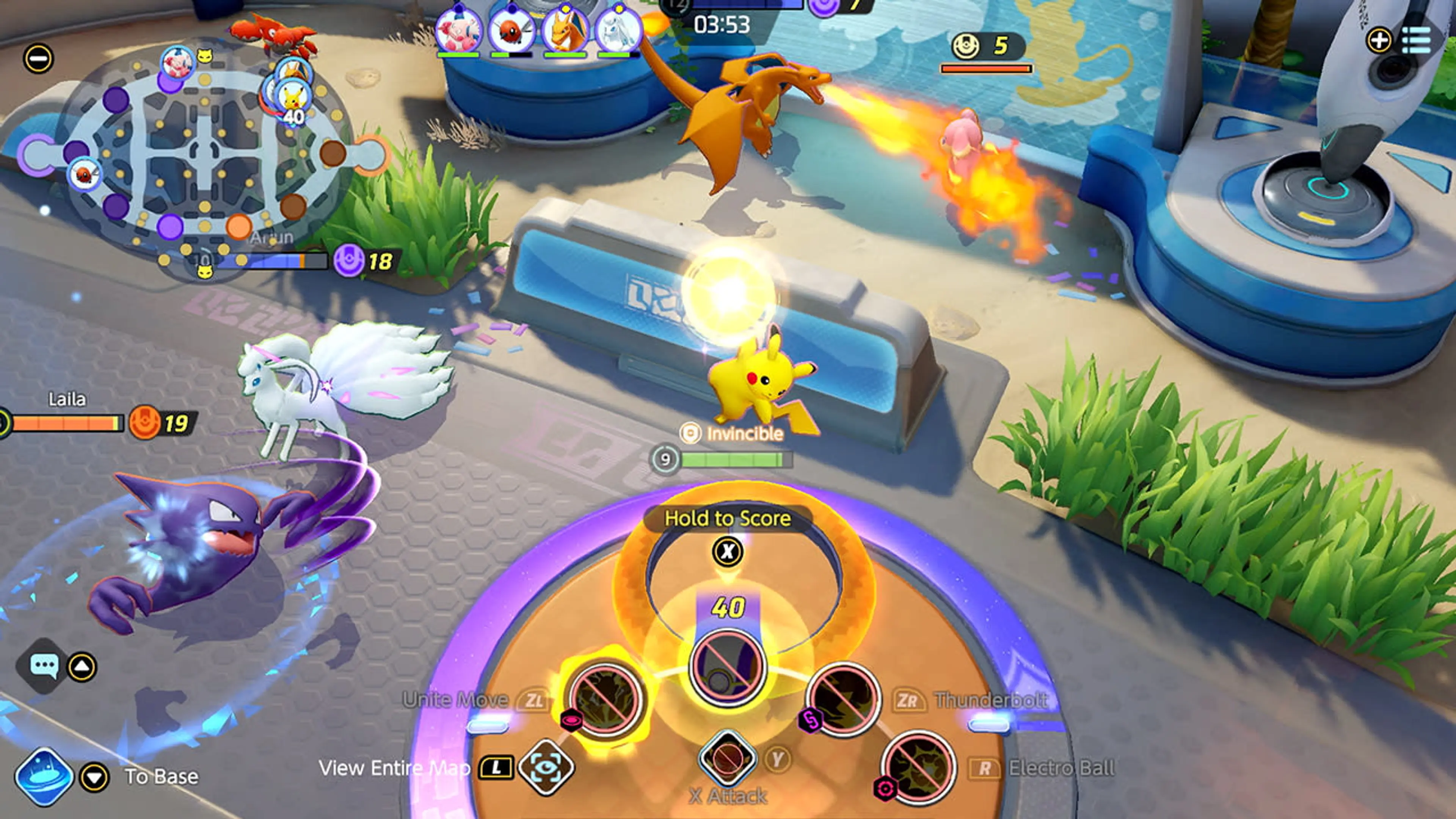 Pikachu tries to score 40 points while Charizard, Ninetales, and Gengar fight around an orange goal zone.
