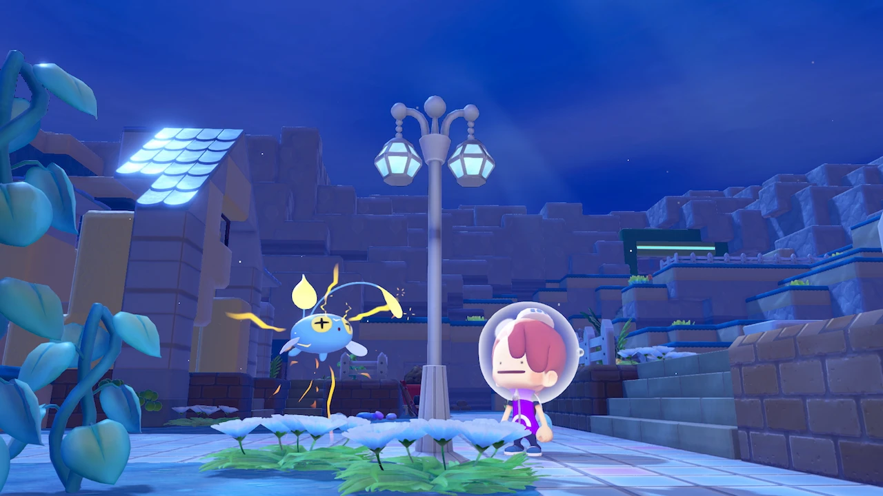 Ditto underwater with Chinchou beside a lit street in Pokémon Pokopia