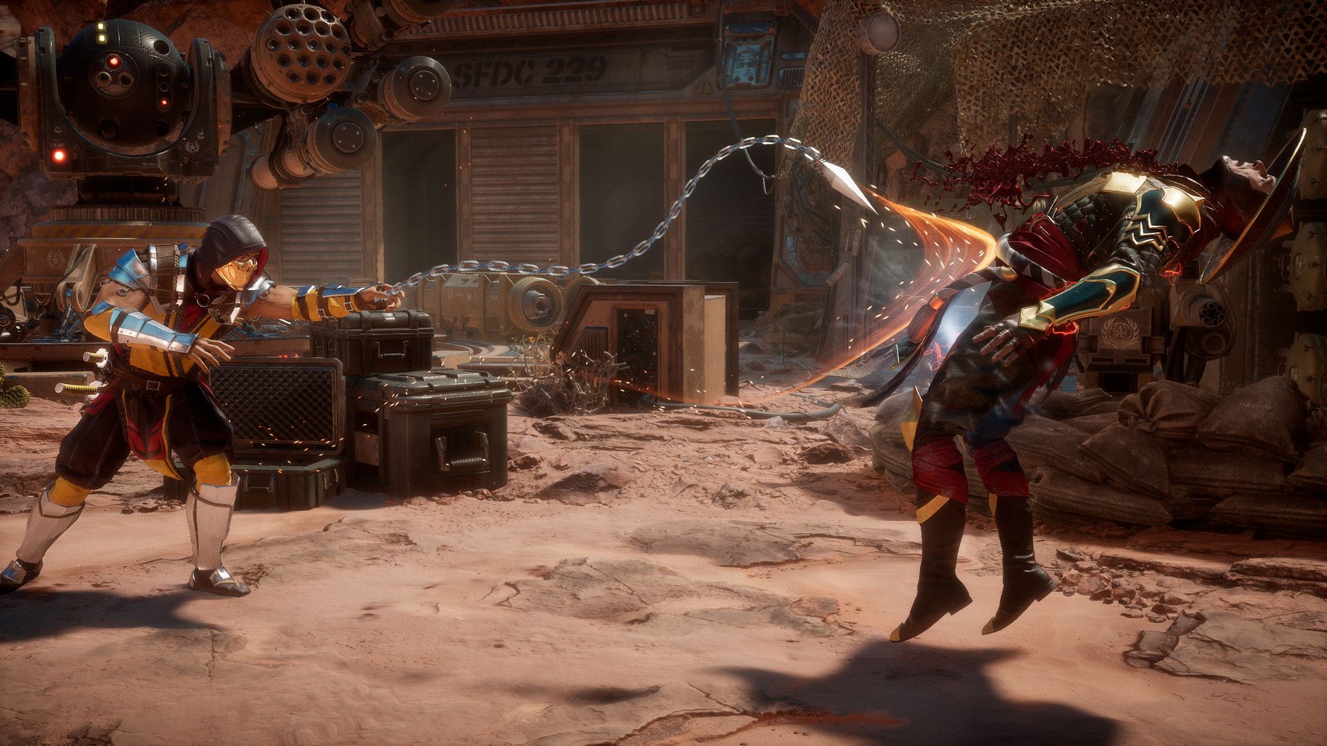 Scorpion throws a chained spear toward another fighter.
