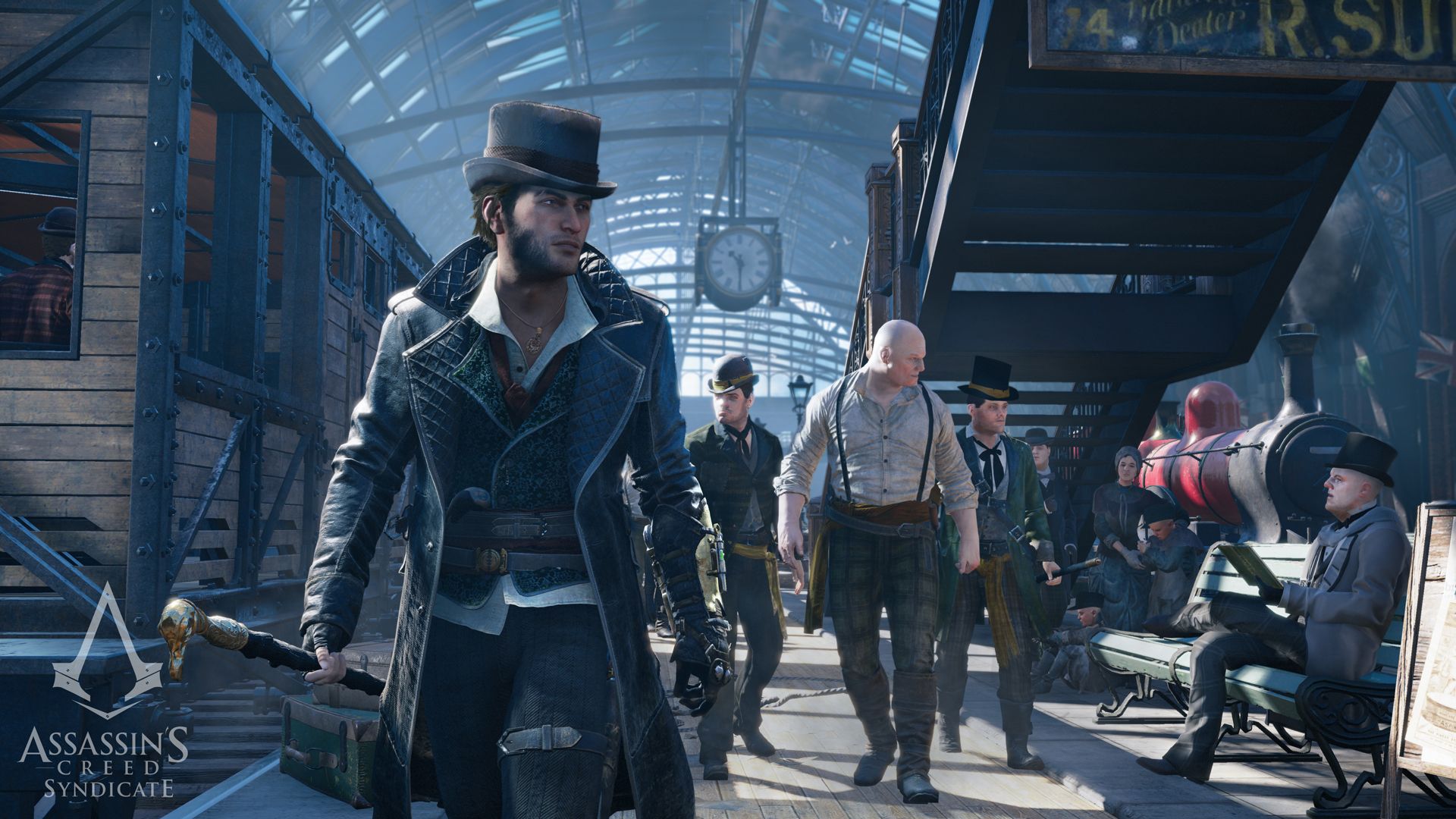 Jacob Frye walks through a crowded Victorian London street beneath a railway structure.